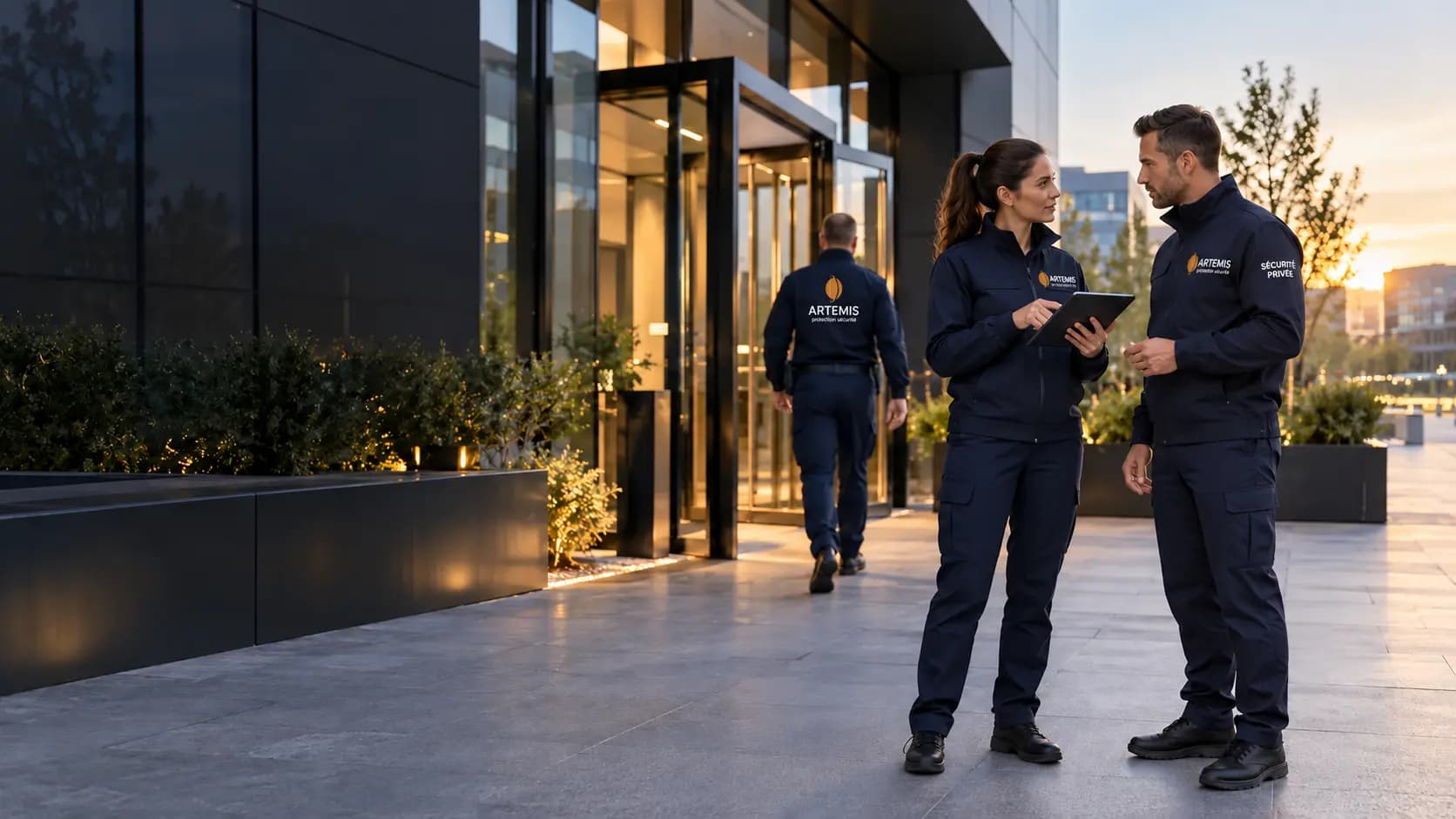 Une agente et un agent préparent une mission devant l’entrée d’un site professionnel