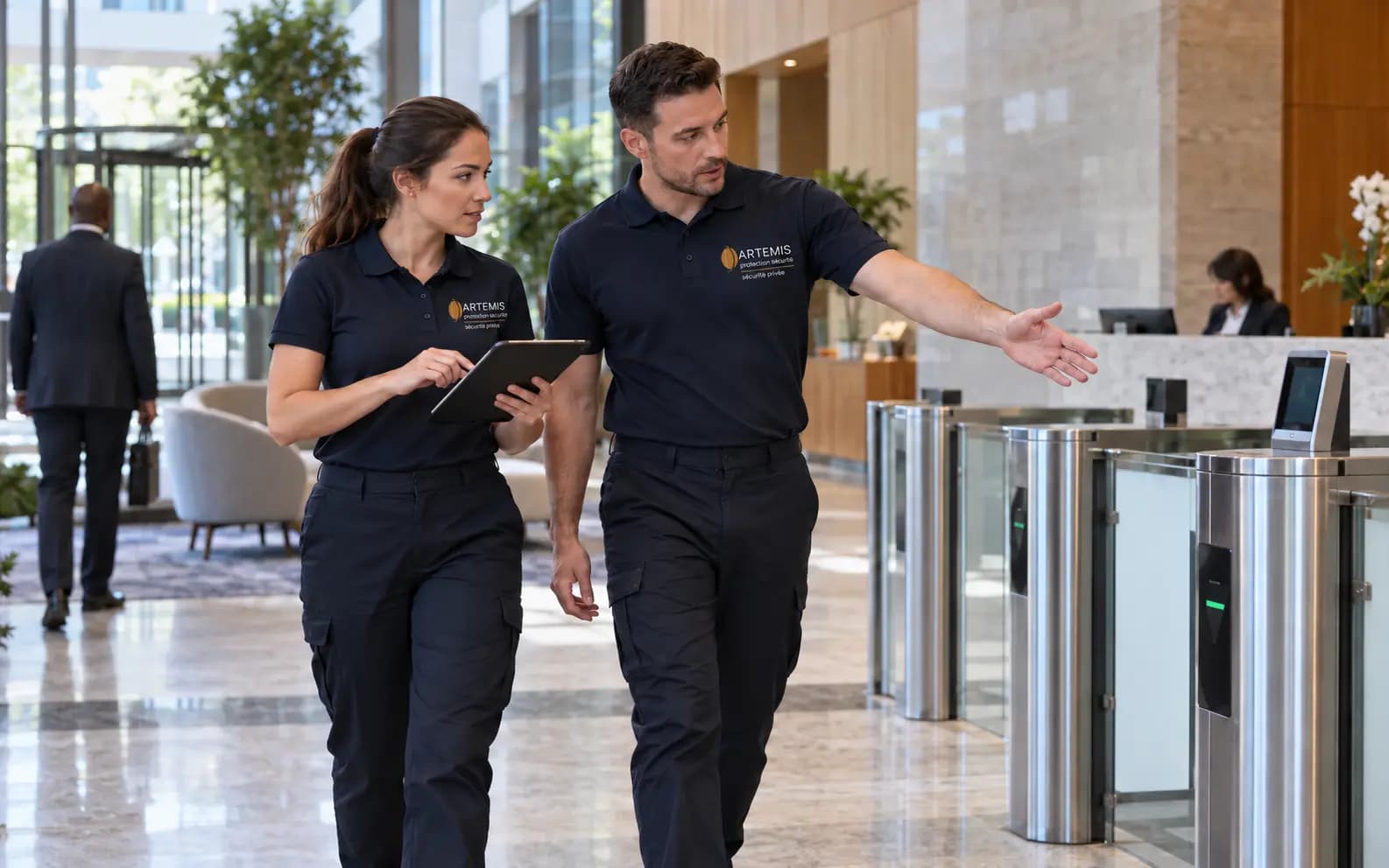Une agente et un agent examinent un contrôle d’accès dans un hall professionnel