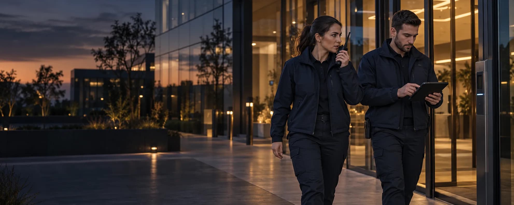 Une agente échange par radio pendant qu’un agent consulte une tablette devant l’accès d’un bâtiment professionnel.