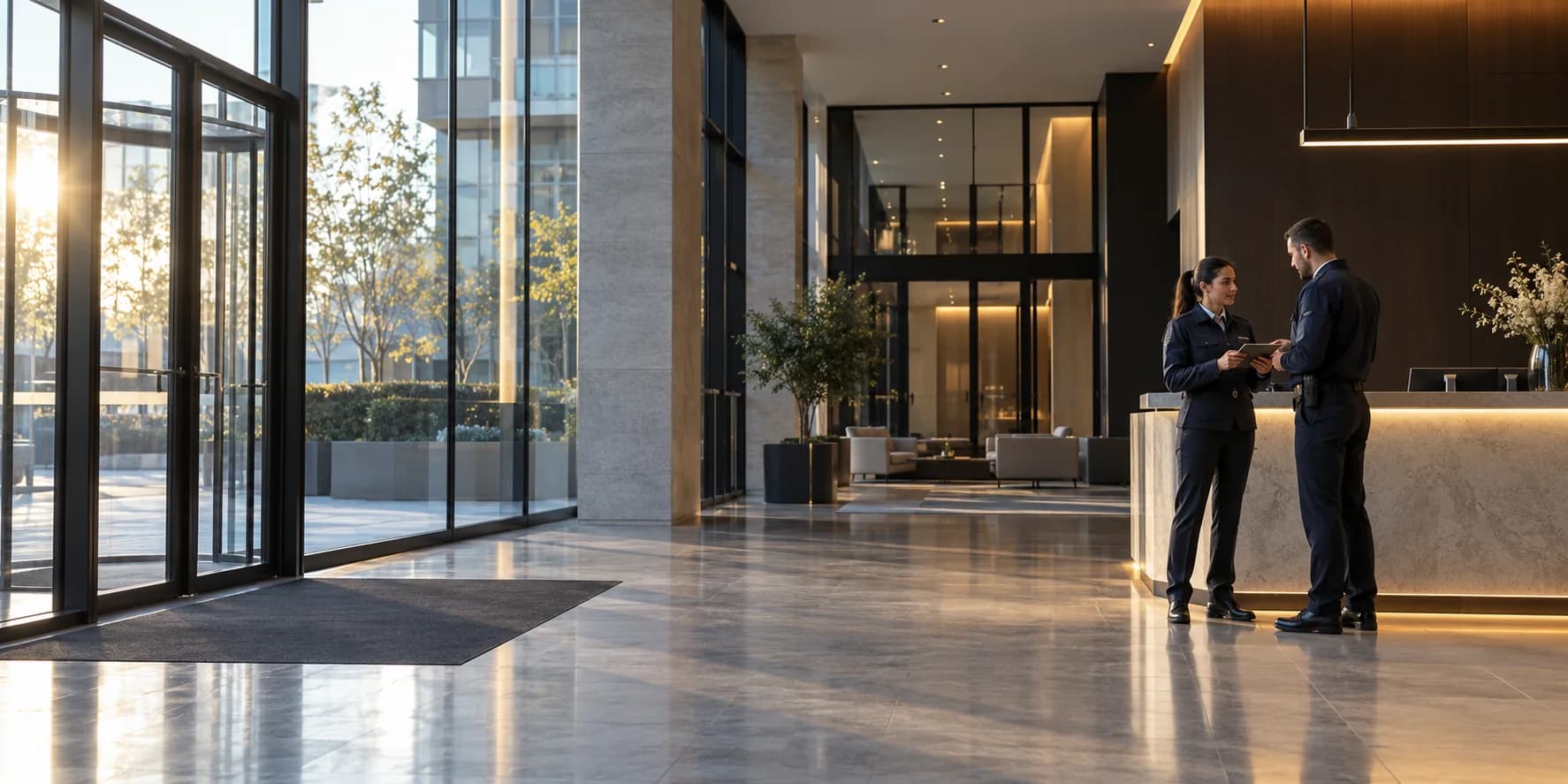 Une agente et un agent échangent dans l’accueil d’un bâtiment professionnel
