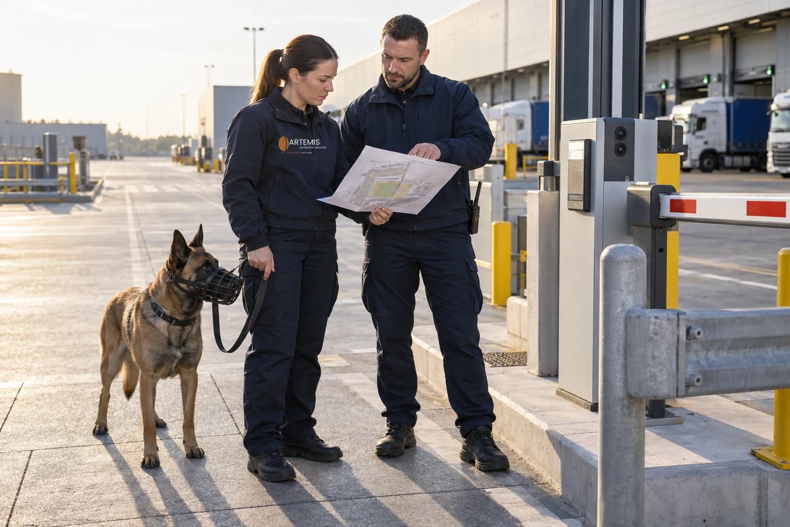 Agente Artemis, collègue et chien muselé examinant le plan d'un site logistique à son accès