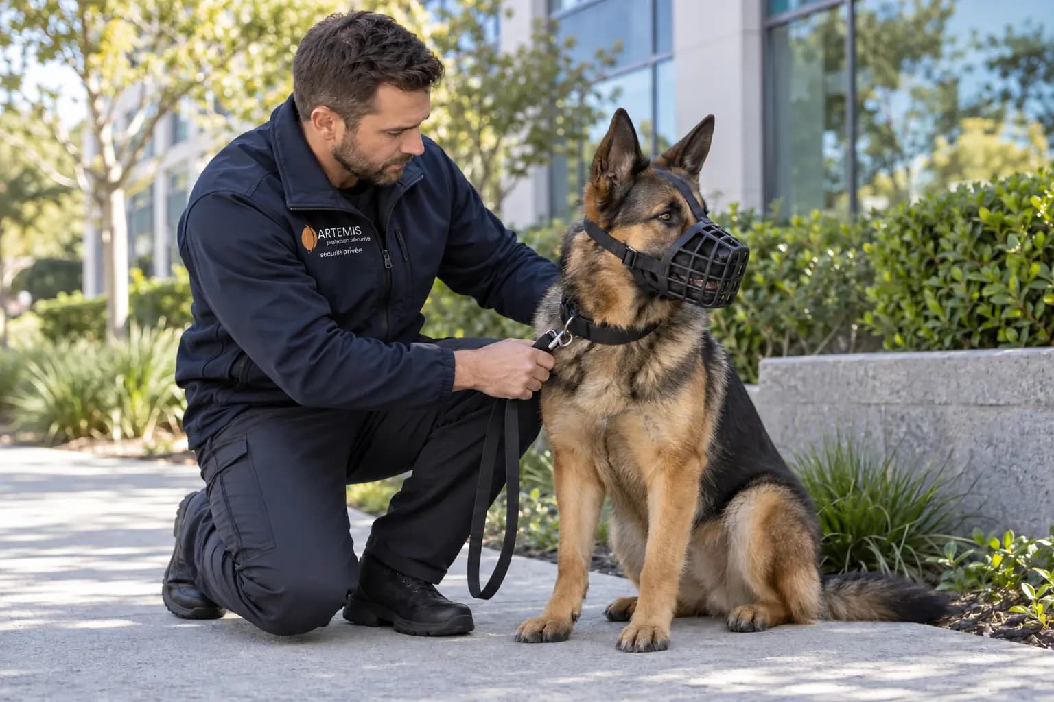 Agent Artemis auprès de son chien muselé avant une ronde sur un site professionnel