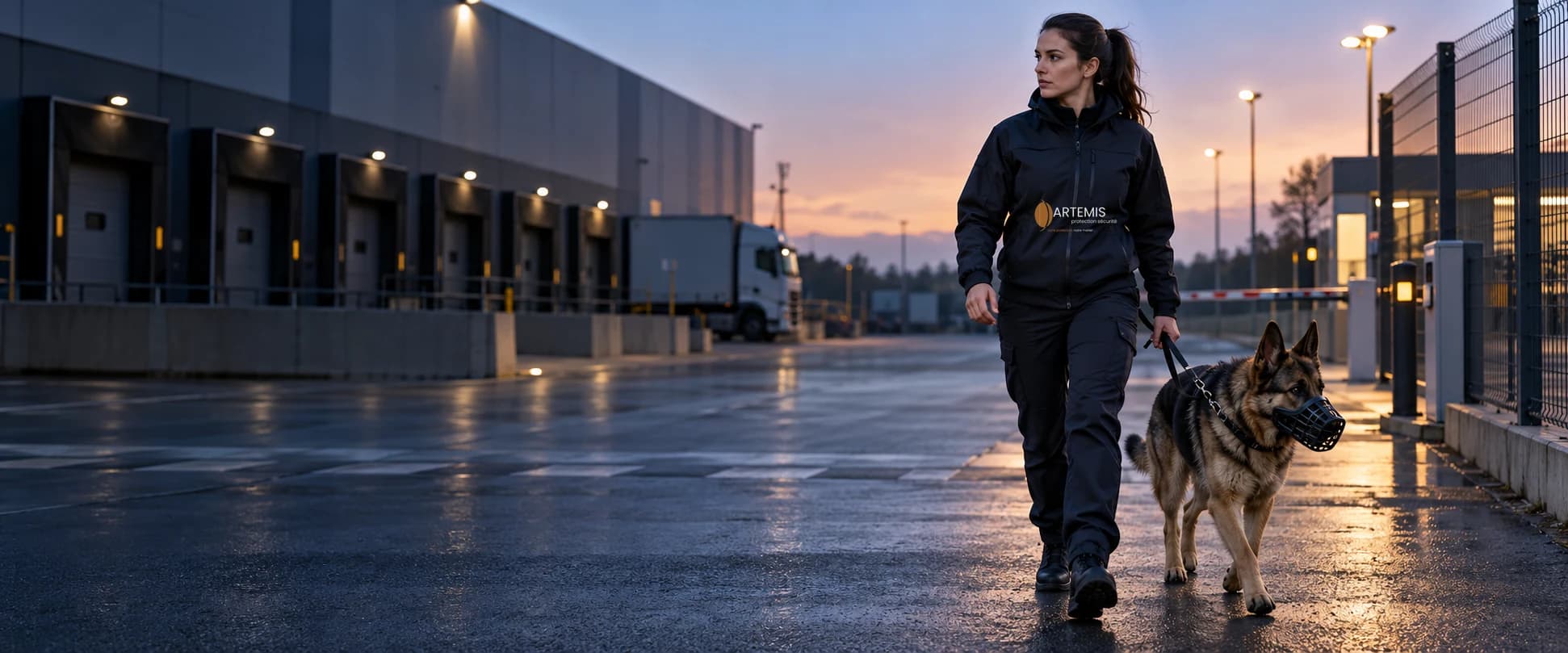 Agente cynophile Artemis en ronde avec un chien muselé sur un site logistique