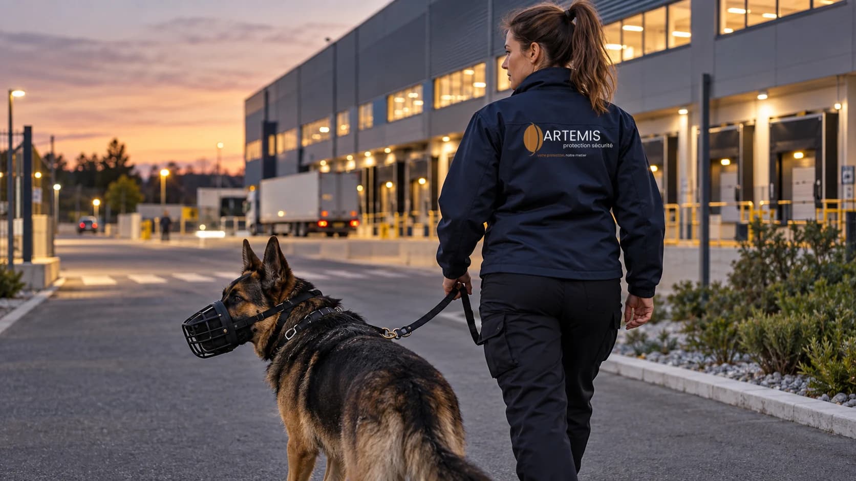 Agente Artemis et chien muselé en déplacement devant un site logistique