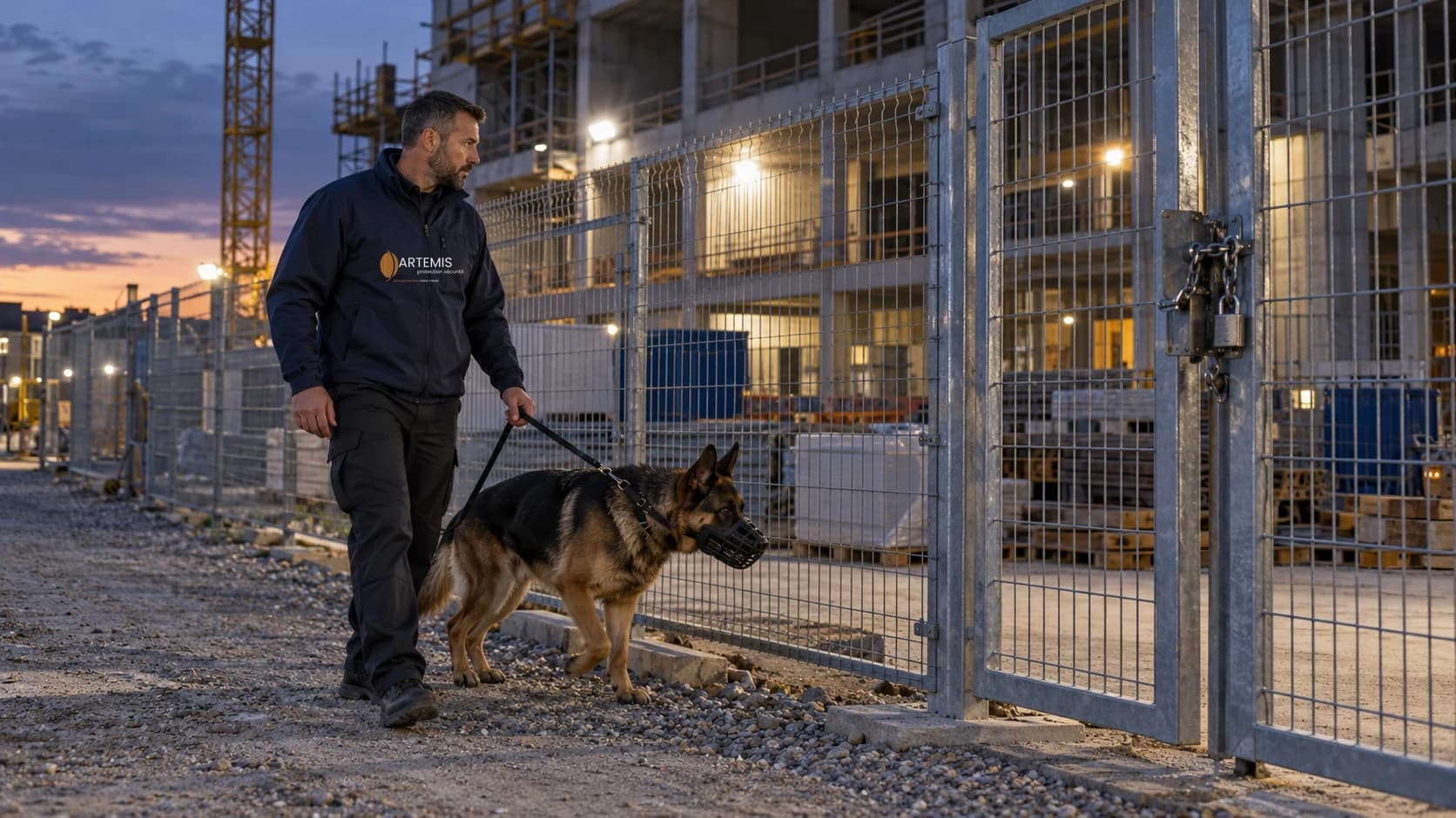 Agent cynophile Artemis et chien muselé en ronde le long du périmètre d'un chantier