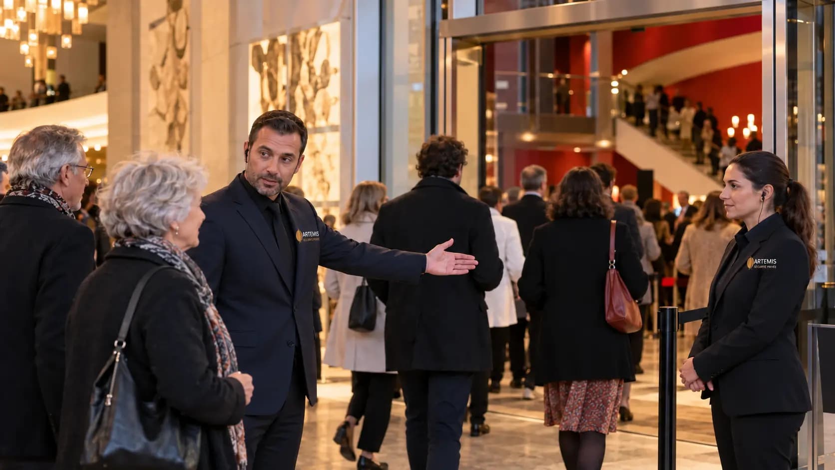 Équipe mixte Artemis guidant le public à l'entrée d'un événement culturel