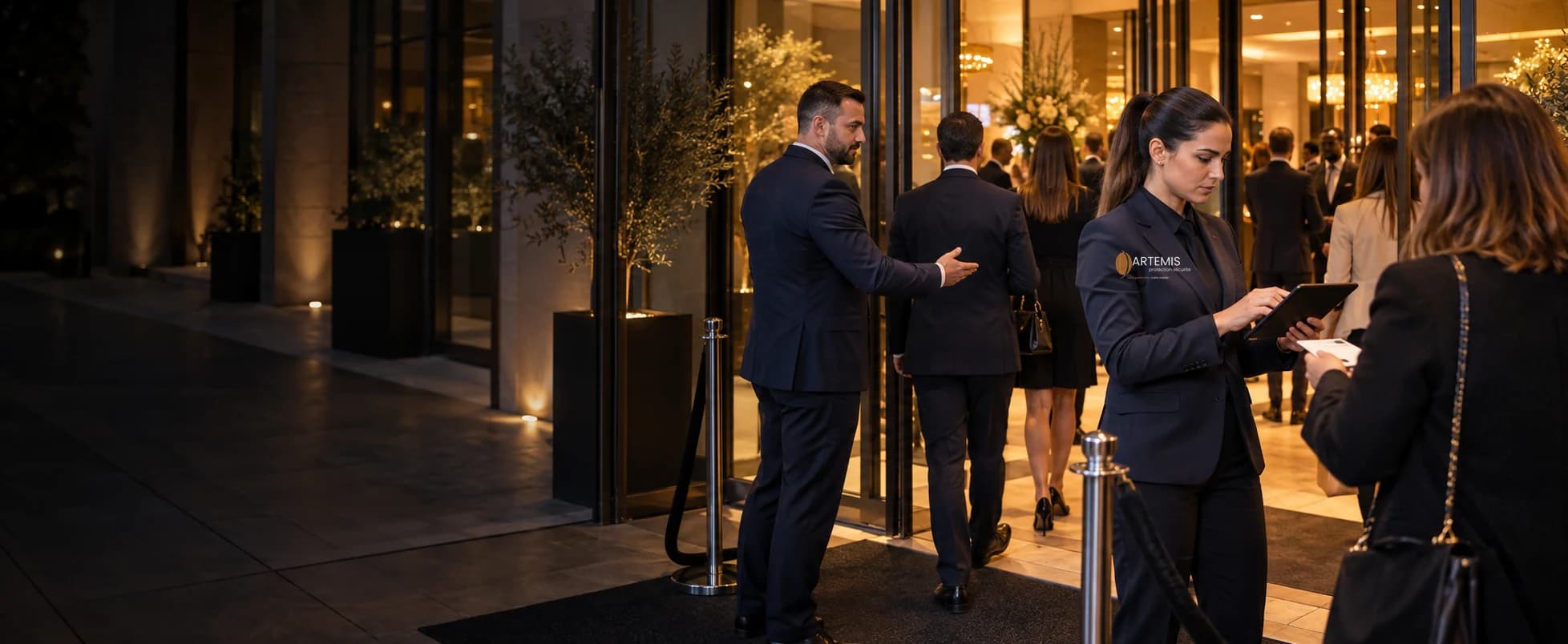 Agente et agent Artemis vérifiant les accès d'une réception professionnelle avec des invités