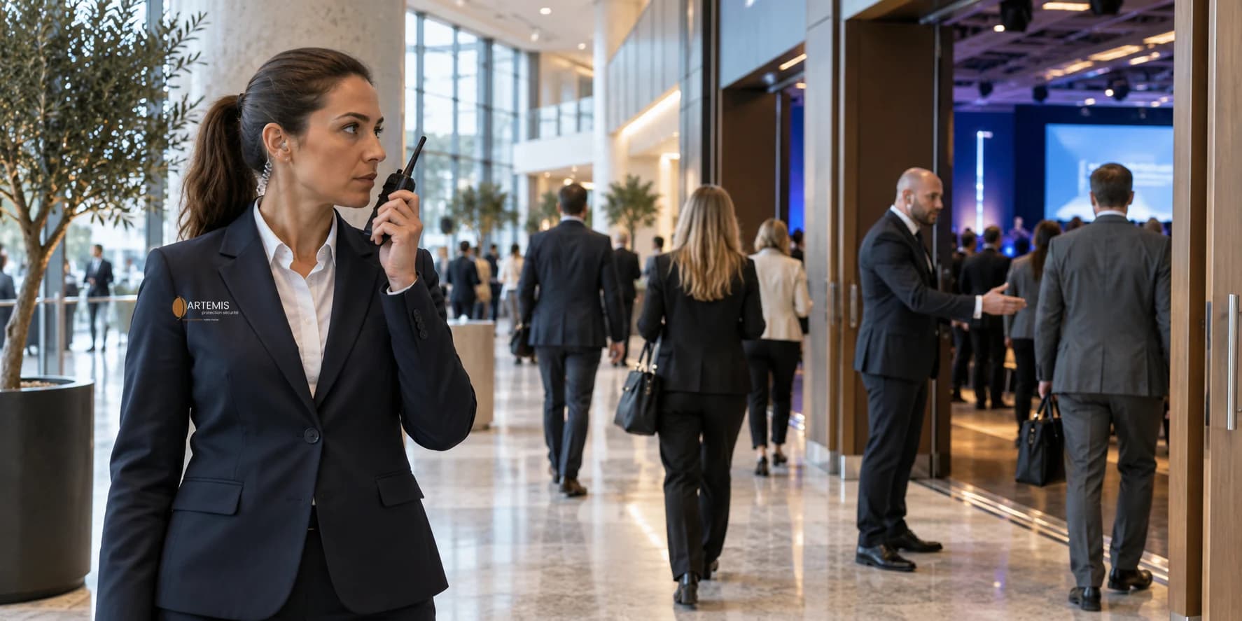 Agente Artemis à la radio surveillant discrètement les circulations d'un centre de conférence