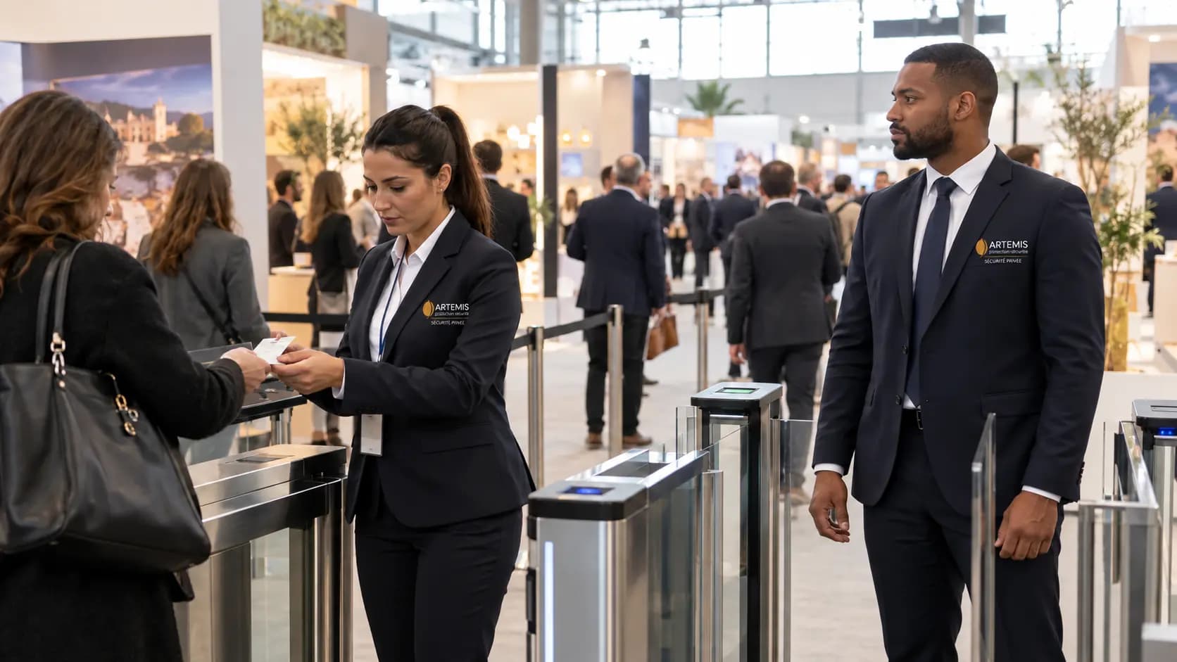 Agente et agent Artemis contrôlant l'entrée des visiteurs d'un salon professionnel