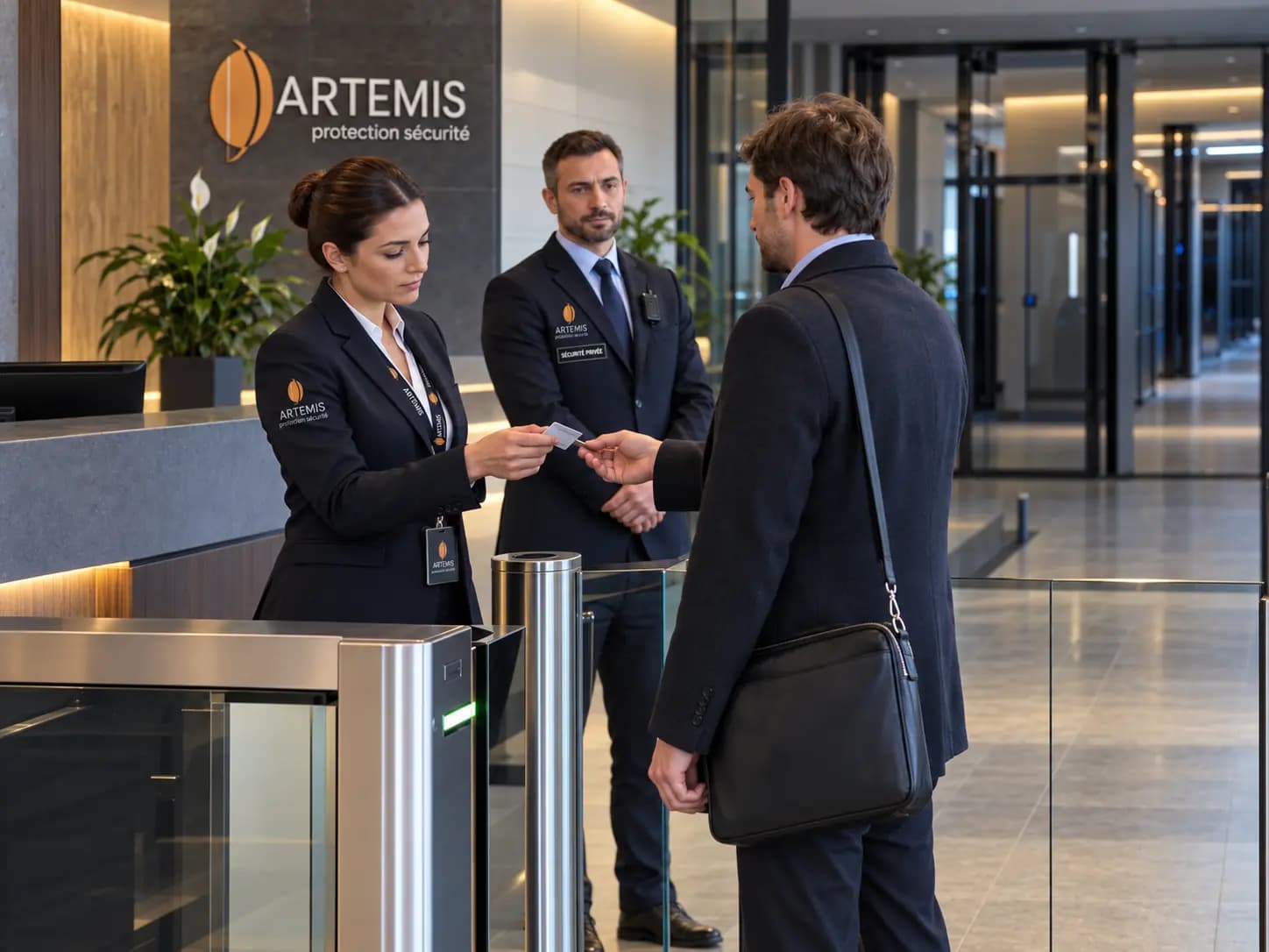 Une agente Artemis vérifie un accès dans un bâtiment professionnel