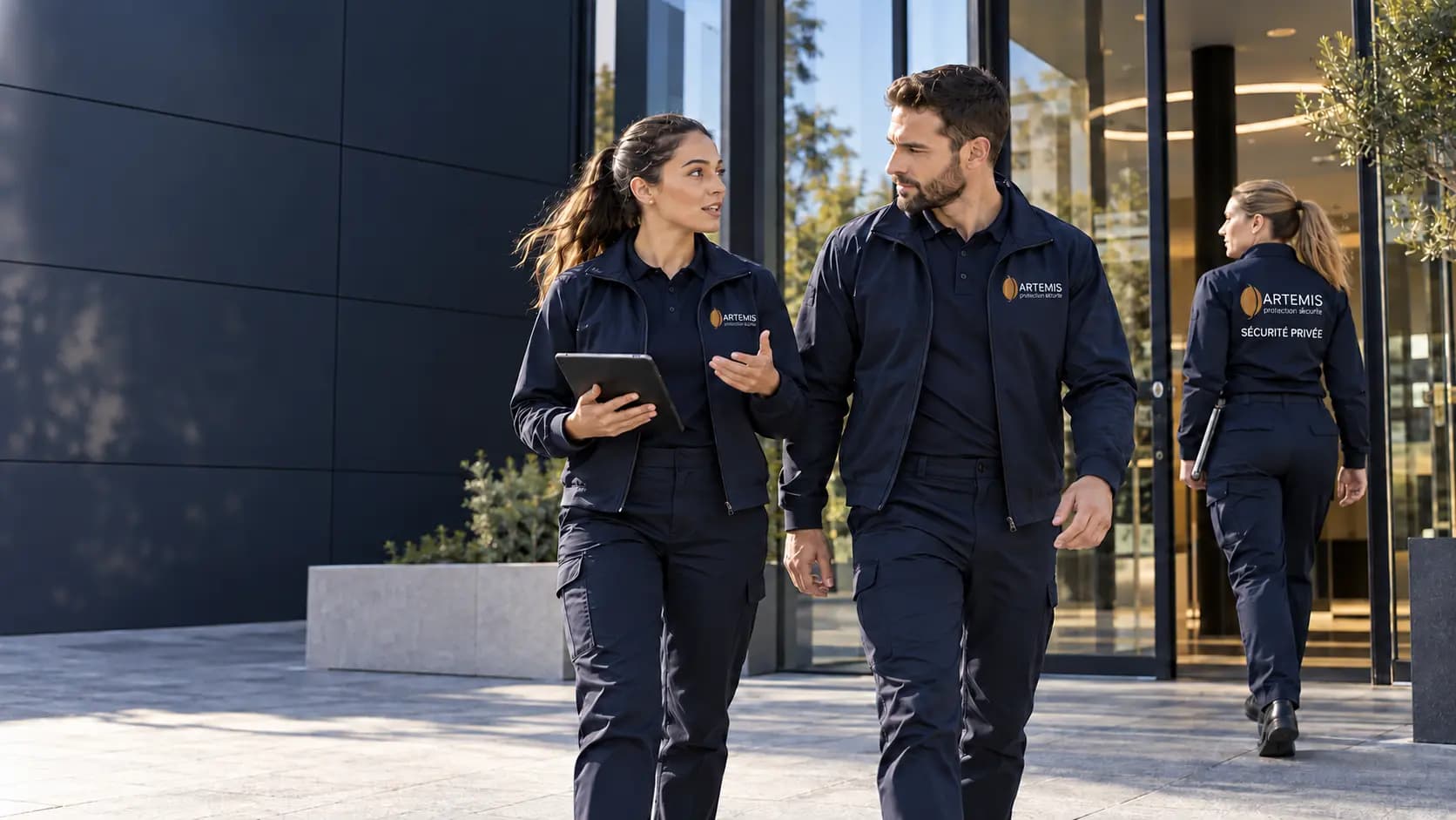Deux agentes et un agent échangent en se dirigeant vers une mission sur un site professionnel