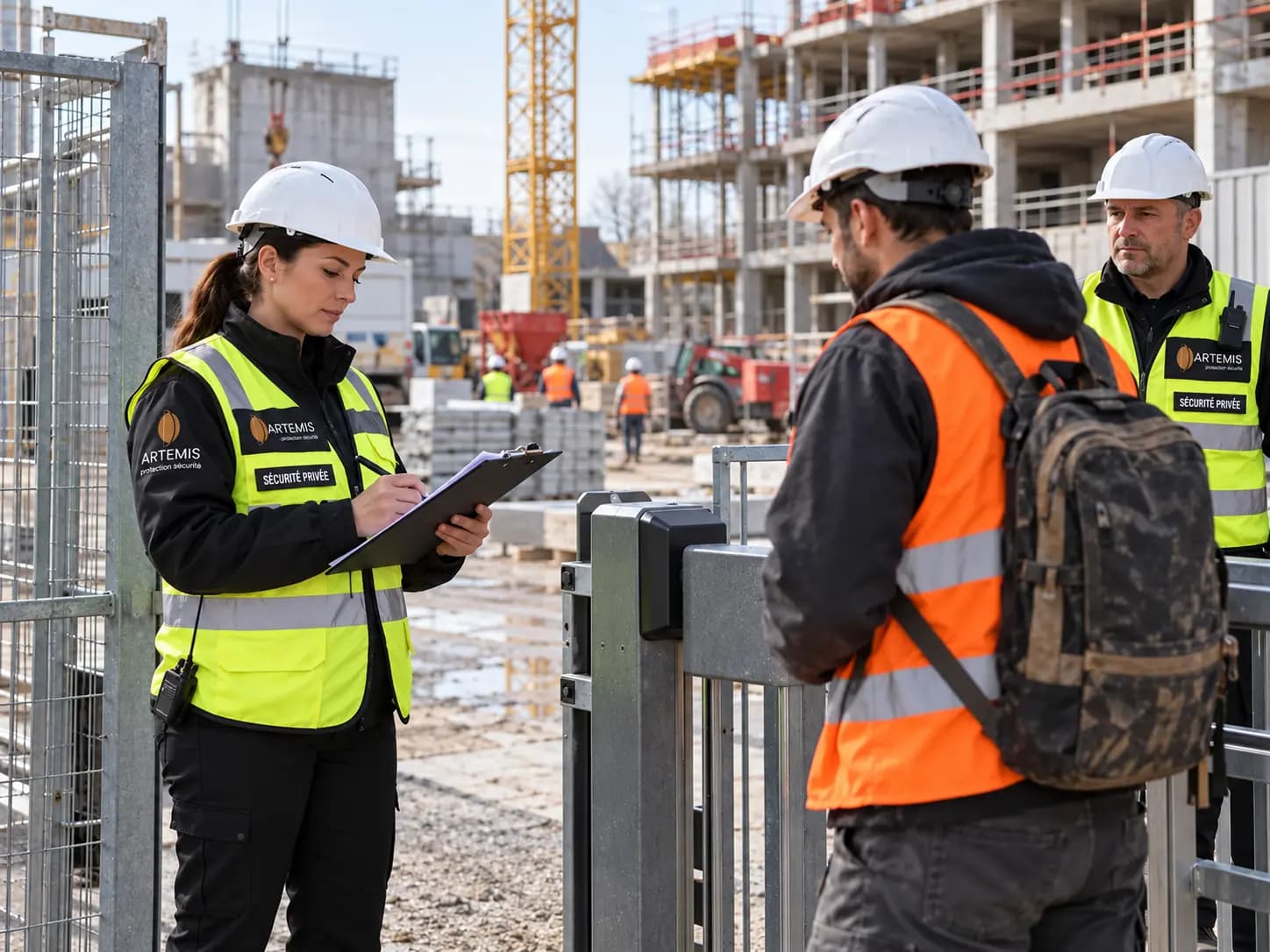 Une agente et un agent équipés de casques et de gilets de chantier contrôlent l’accès à une zone de travaux.