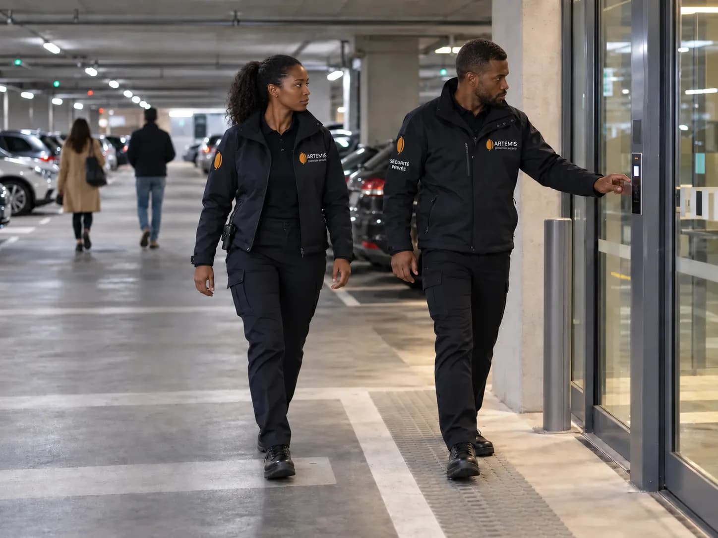 Une agente et un agent effectuent une ronde près d’un accès dans un parking couvert.