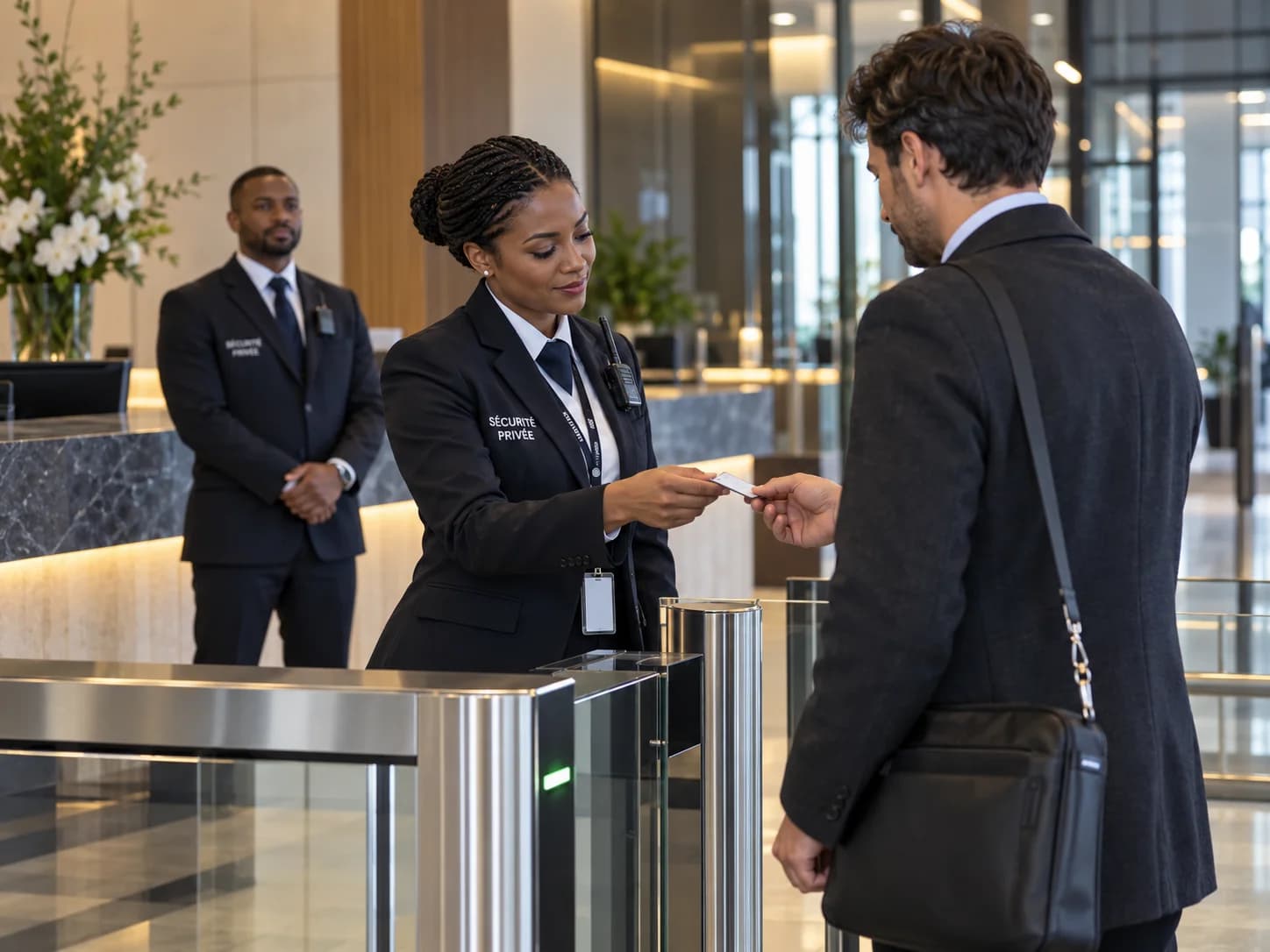 Une agente et un agent vérifient l’accès à un bâtiment professionnel aux entrées contrôlées.