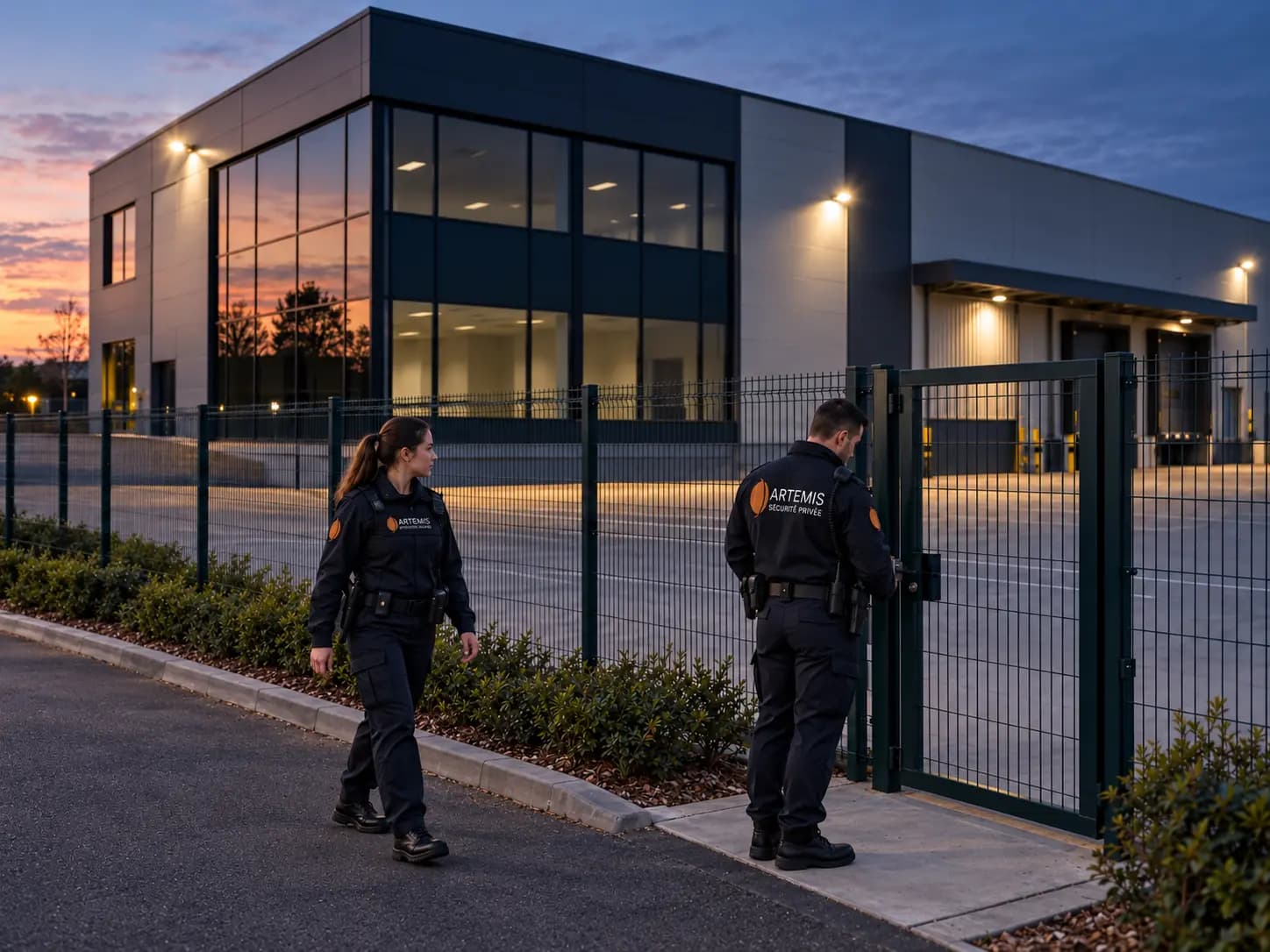 Une agente et un agent inspectent la clôture et l’accès d’un bâtiment inoccupé.