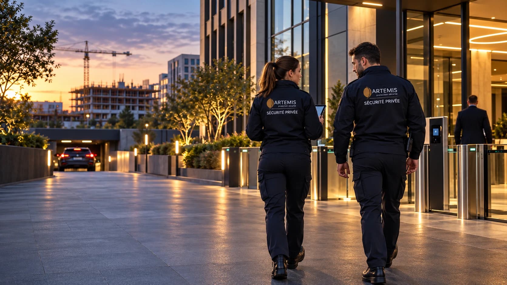 Une agente et un agent Artemis approchent l’accès d’un ensemble professionnel, près d’un parking et d’un chantier