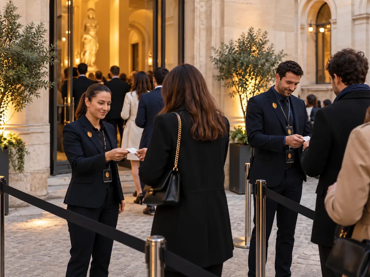 Une agente et un agent contrôlent les accès d’un événement accueillant du public.