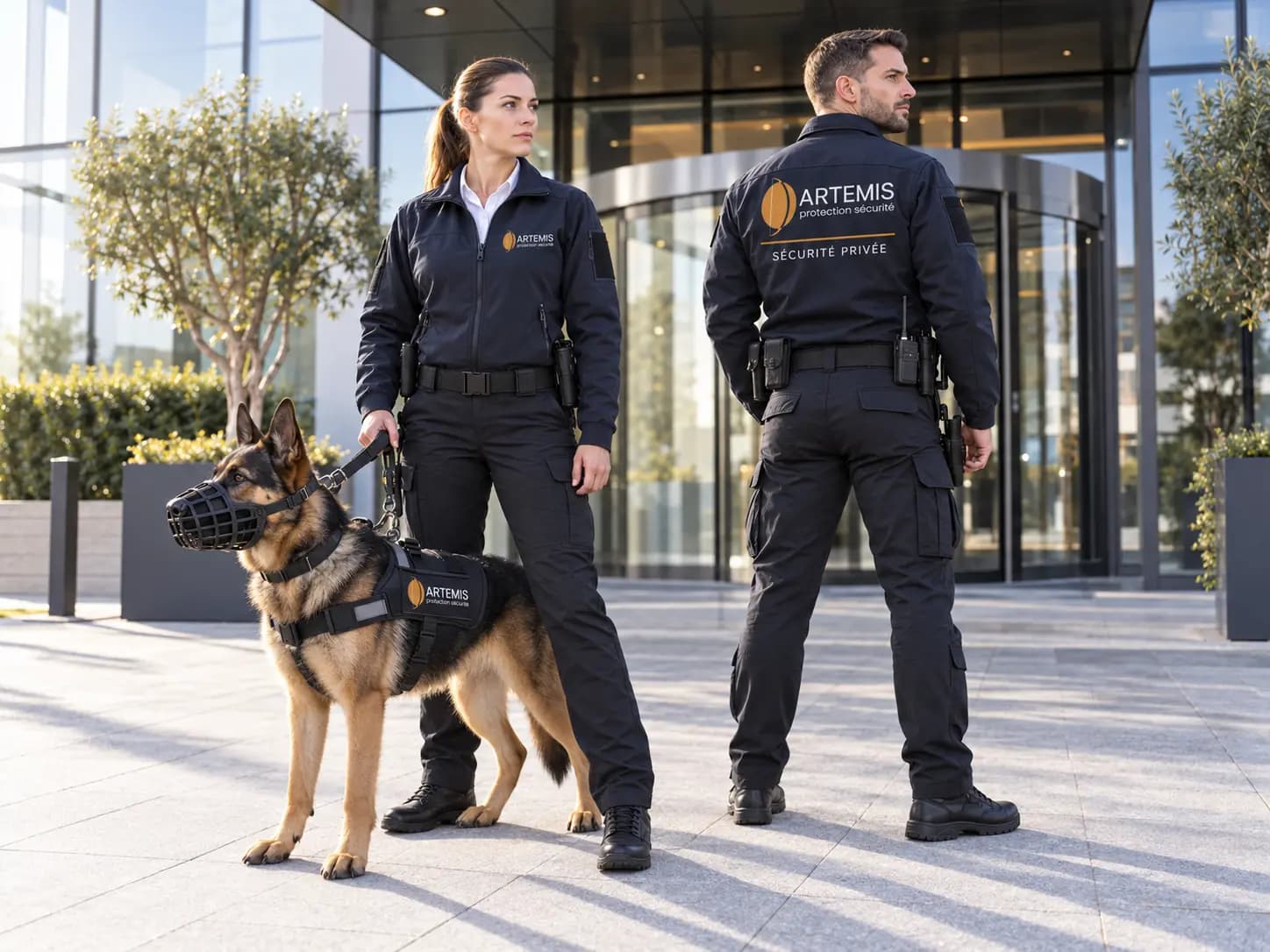 Une agente tient en laisse un chien portant une muselière panier, accompagnée d’un collègue devant un bâtiment.