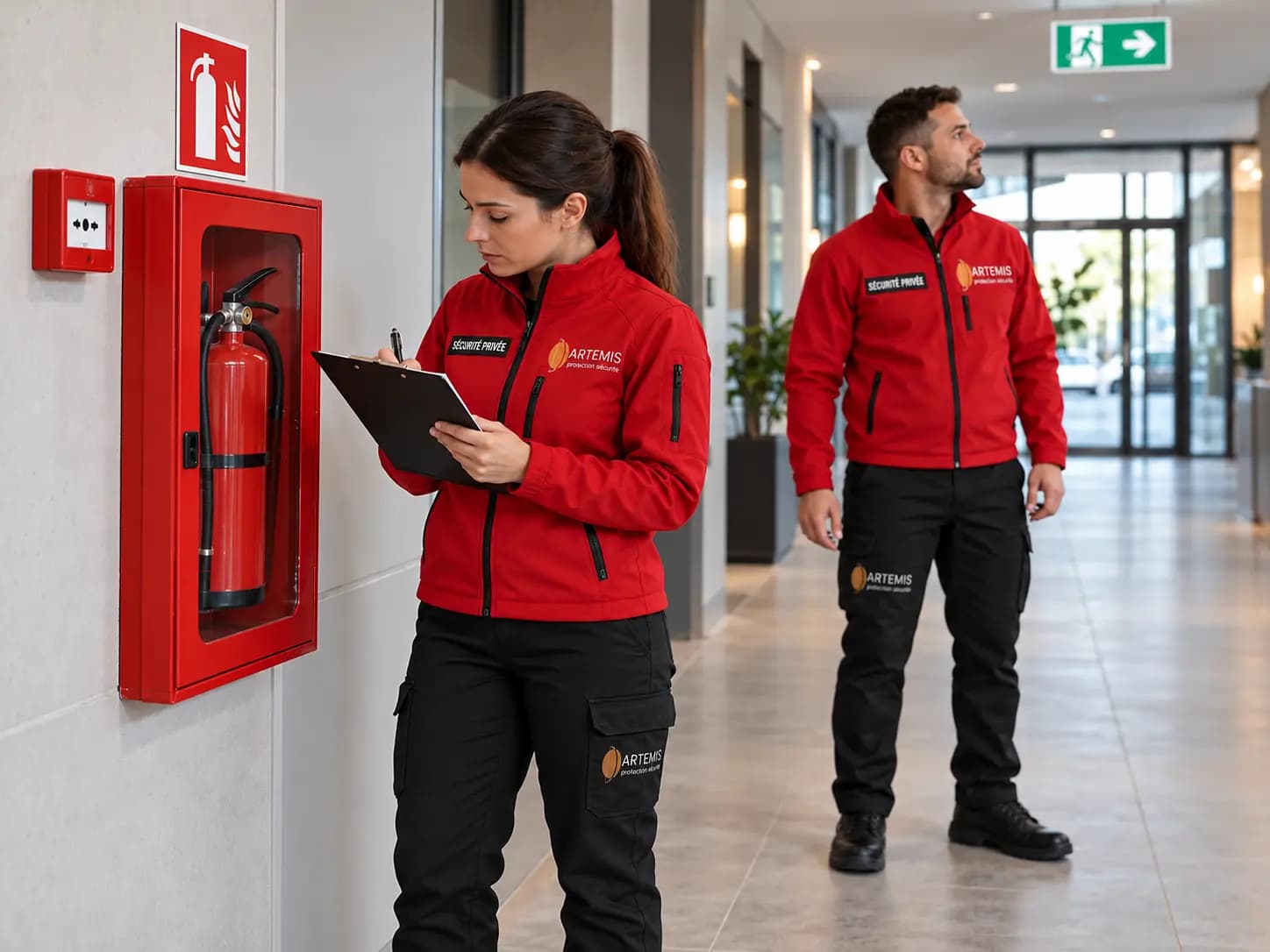 Une agente et un agent en haut rouge et pantalon noir contrôlent une installation de sécurité incendie.