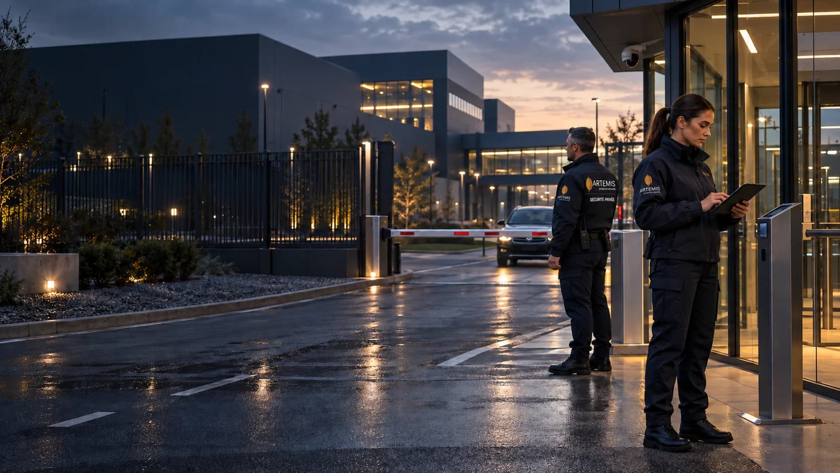 Une agente et un agent surveillent l’accès d’un site professionnel clôturé