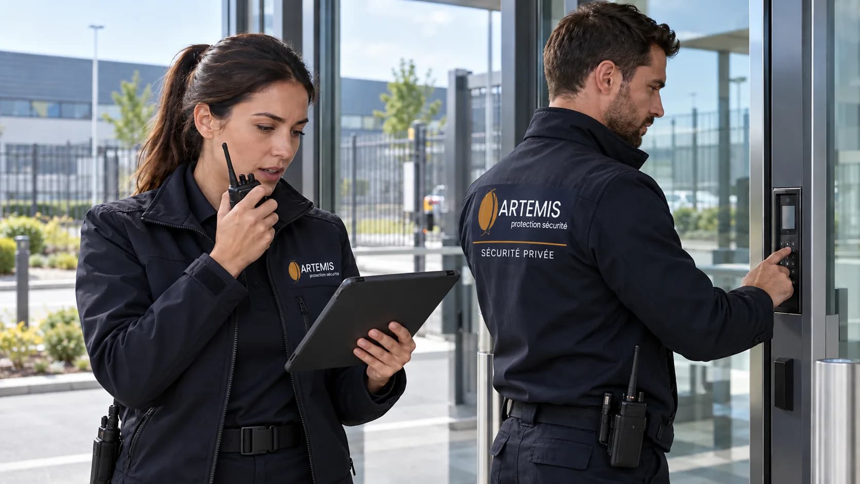 Une agente communique par radio pendant qu’un collègue contrôle un accès technique