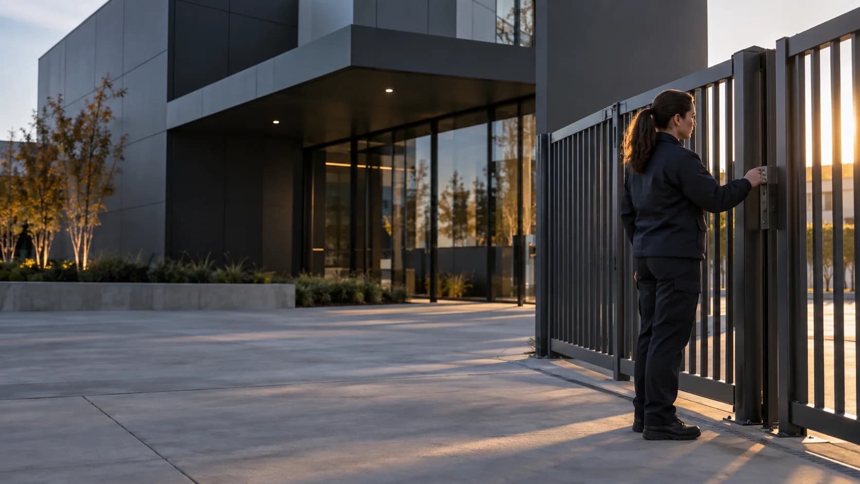 Une agente contrôle le portail d’un bâtiment inoccupé en fin de journée