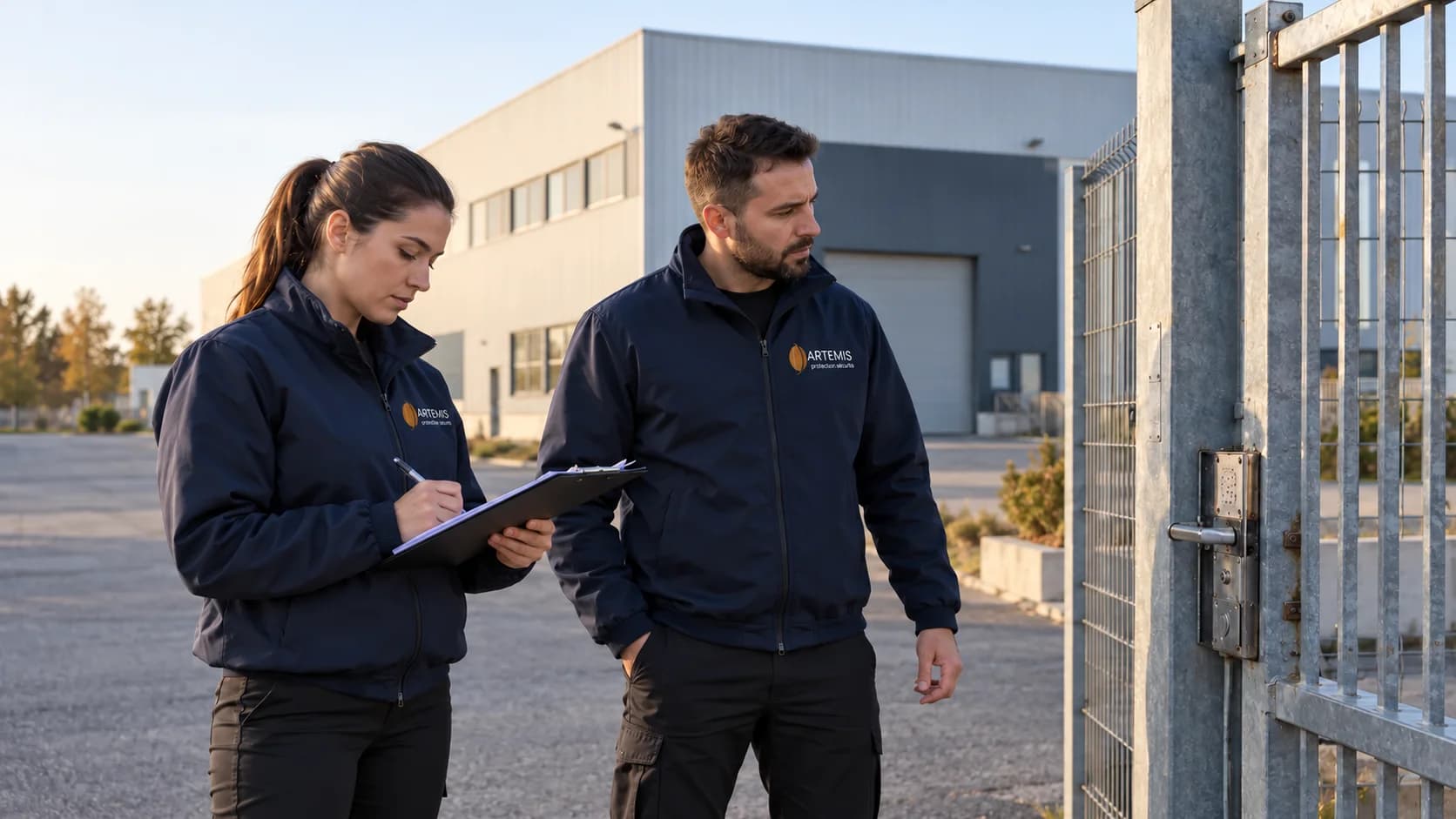Deux agents examinent un portail sur un site industriel fermé