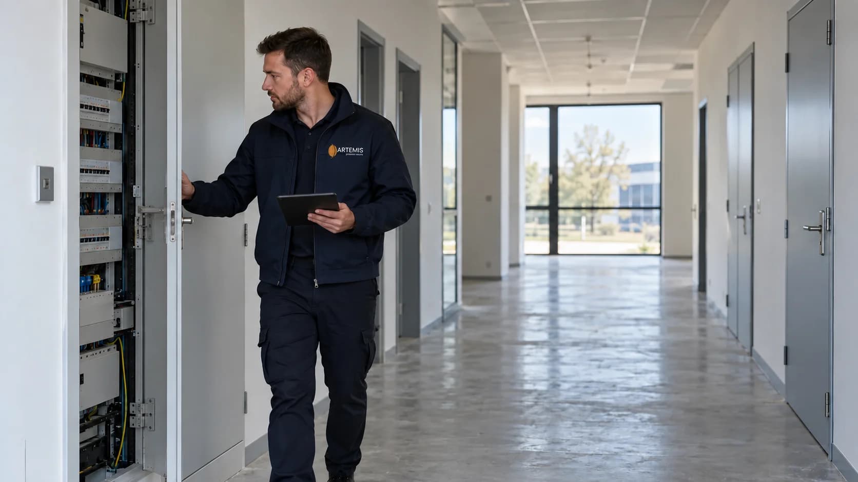Un agent vérifie un local technique dans un bâtiment inoccupé