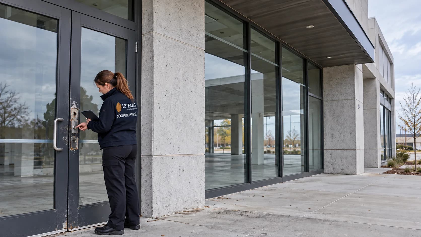 Une agente examine l’accès d’un immeuble commercial vide