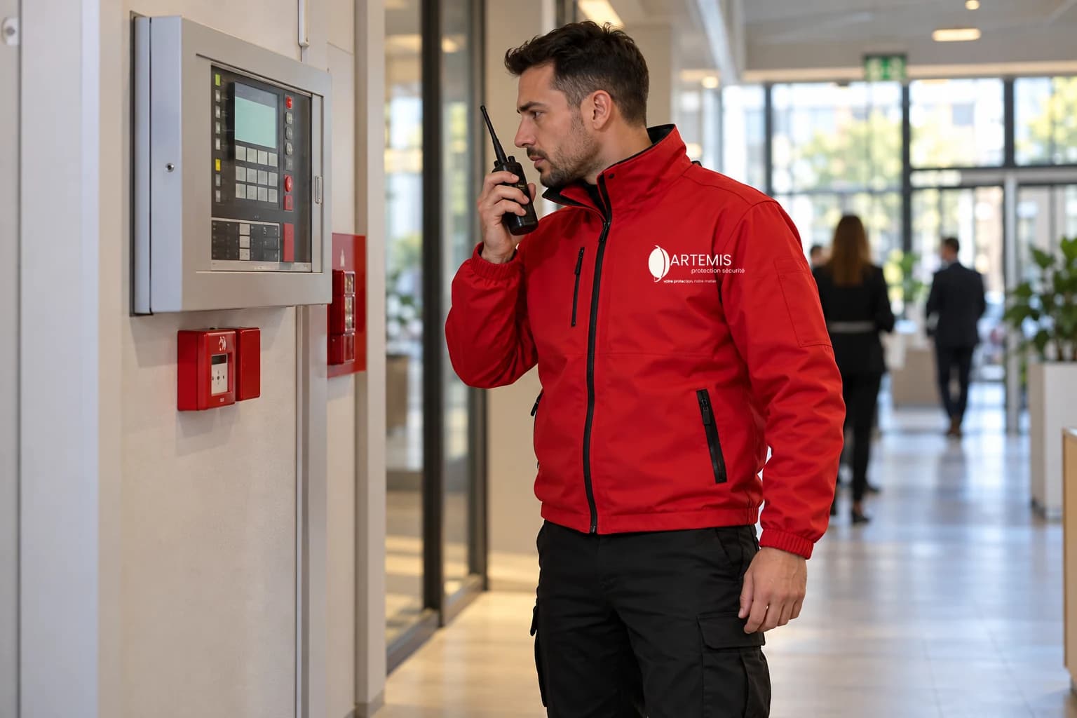 Agent de sécurité incendie utilisant une radio près d'un panneau d'alarme