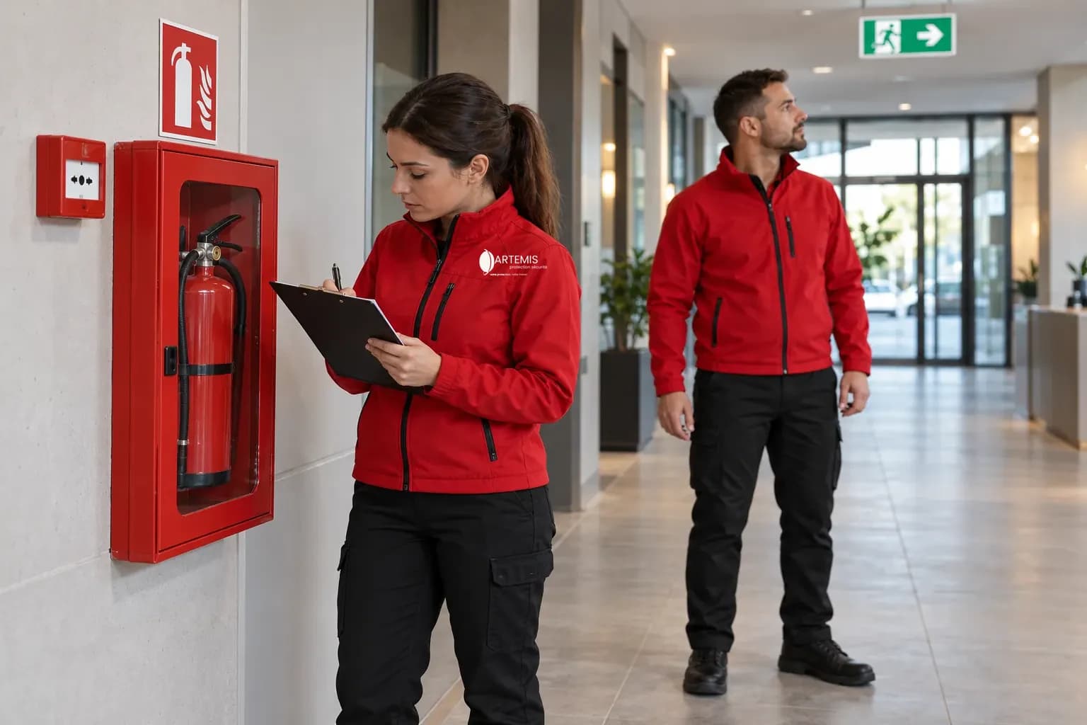 Agente et agent en hauts rouges et pantalons noirs observant les équipements et les circulations d'un établissement