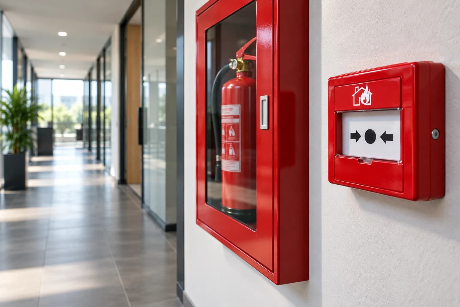 Déclencheur manuel d'alarme et extincteur dans un bâtiment professionnel