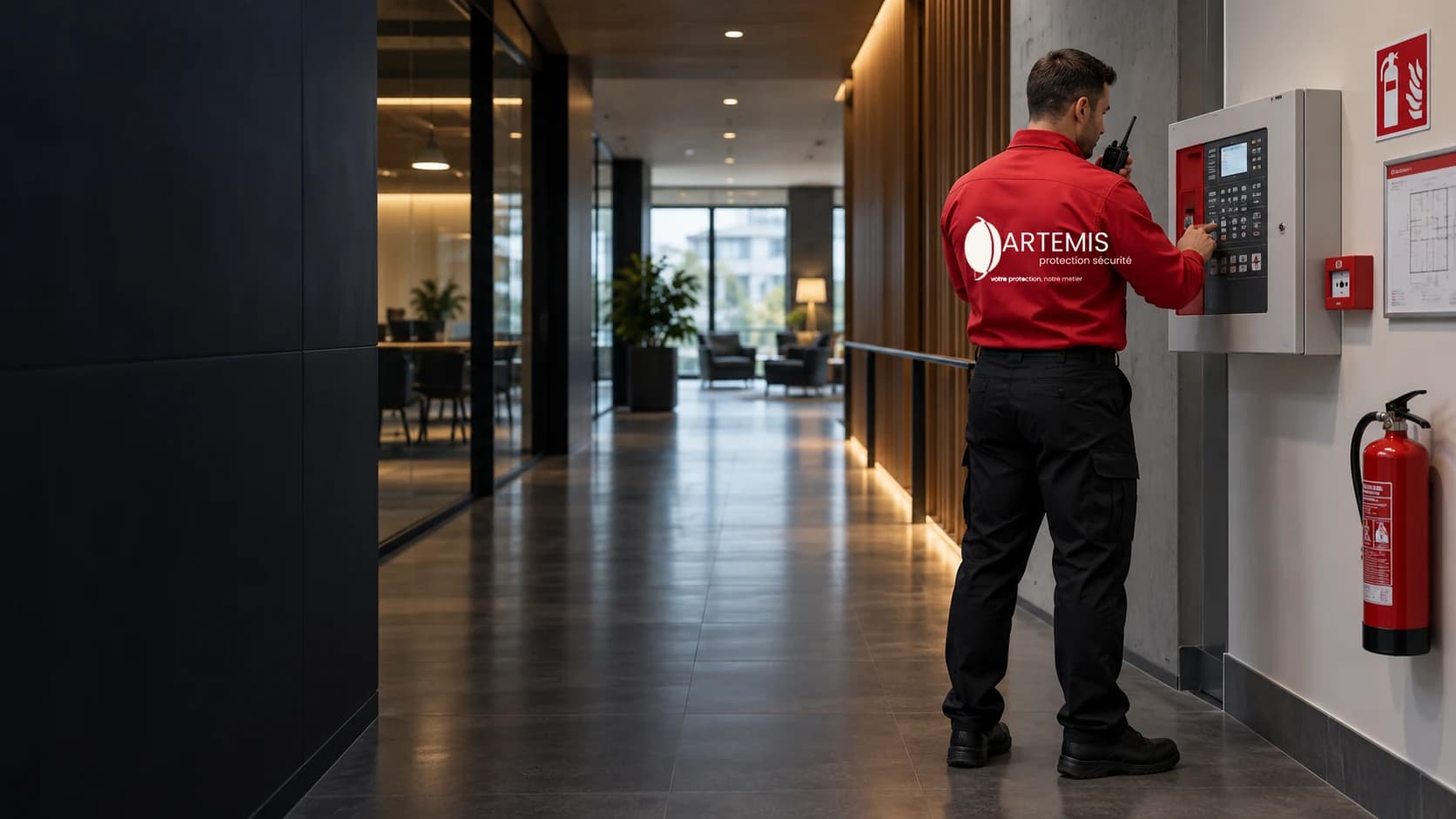 Agent Artemis en haut rouge et pantalon noir contrôlant une installation de sécurité incendie