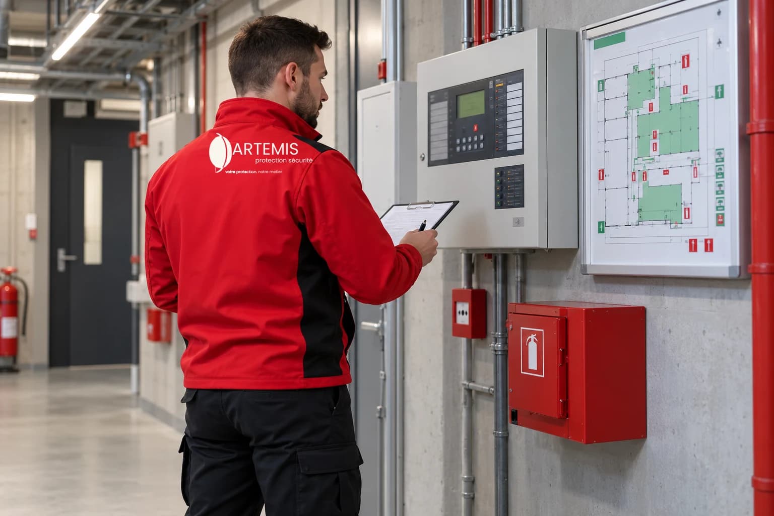Agent en haut rouge et pantalon noir examinant une installation de sécurité incendie