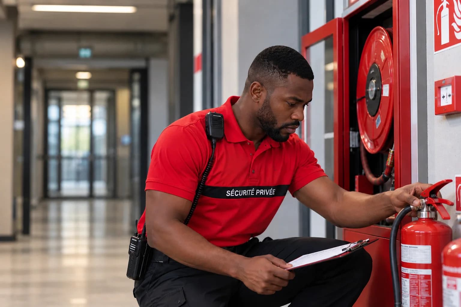 Agente en tenue rouge et noire contrôlant un équipement incendie
