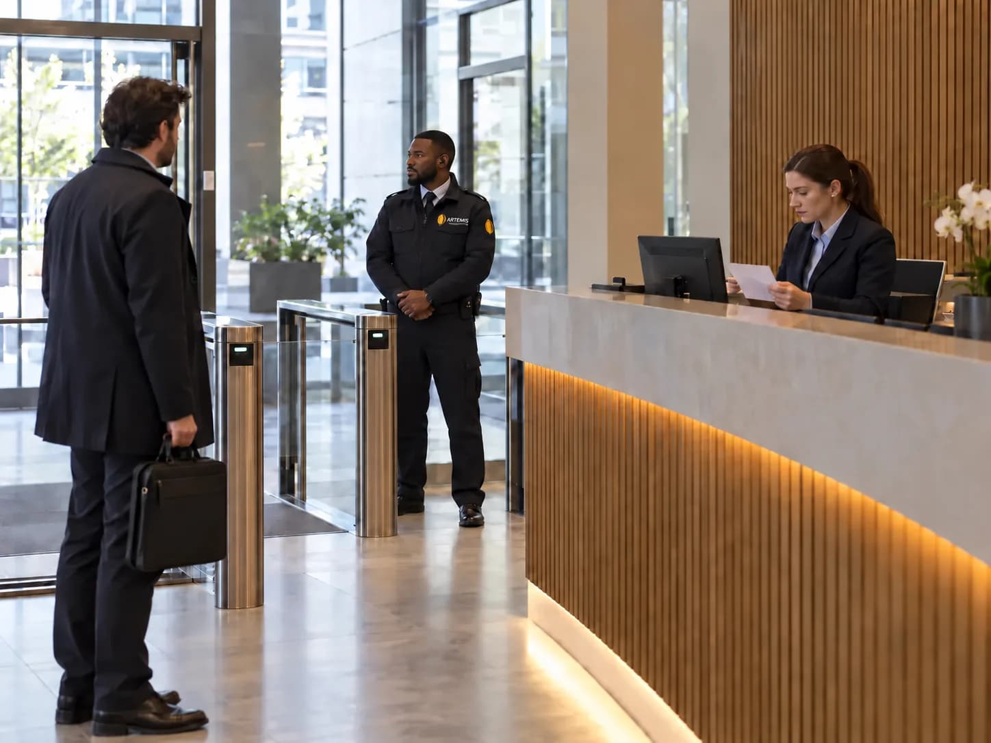 Une agente et un agent surveillent l’accès d’un hall d’entreprise.