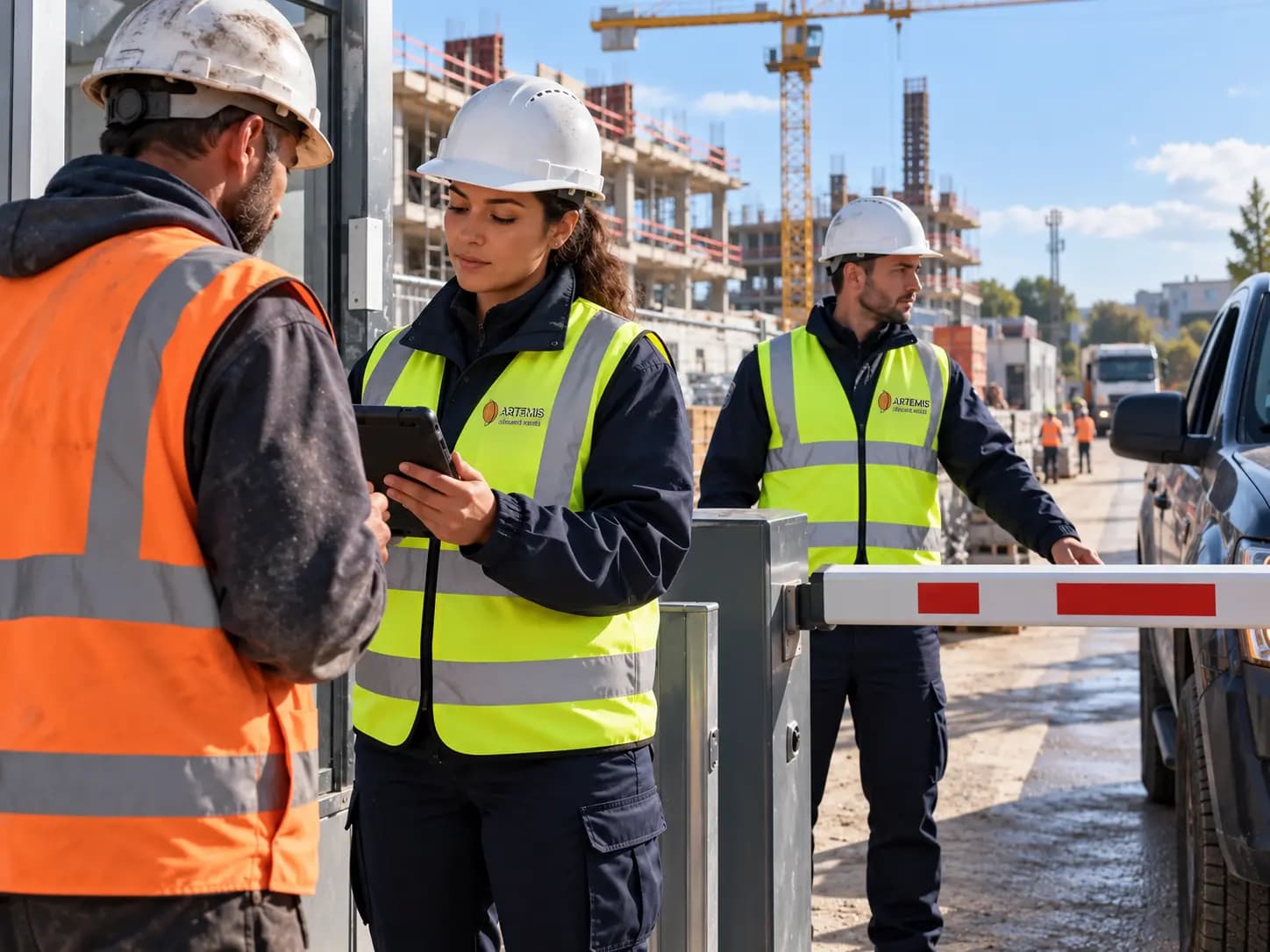 Contrôle d’un accès de chantier entre une agente équipée et un intervenant