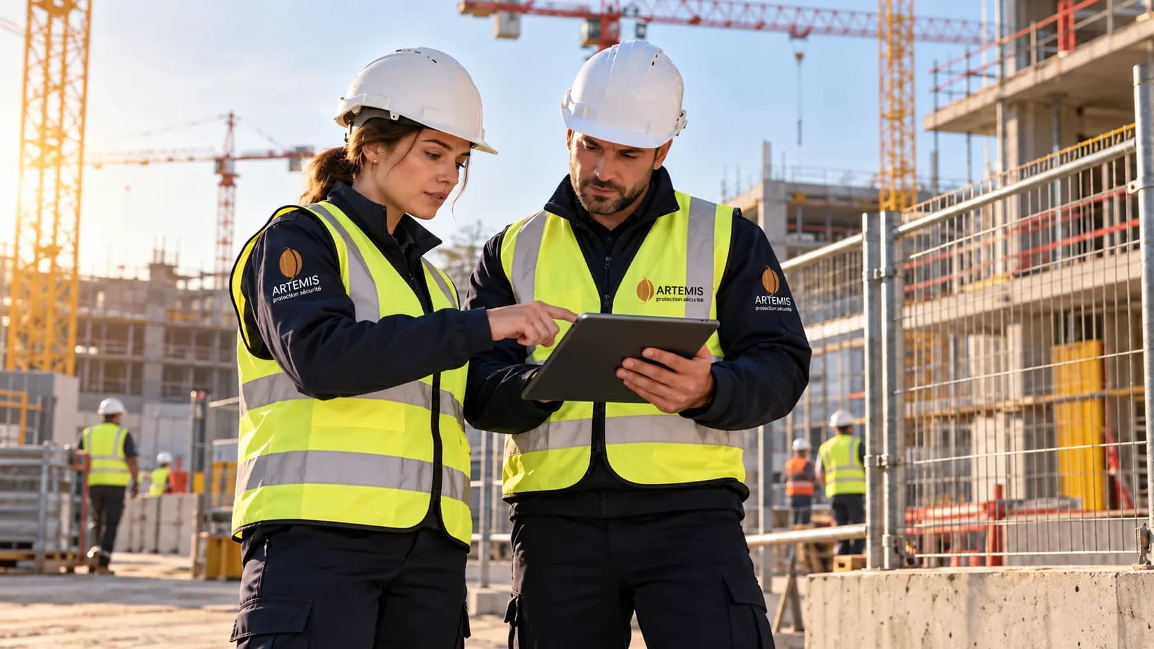 Une agente et un agent en équipement de chantier consultent un plan sur tablette près d’une zone de travaux