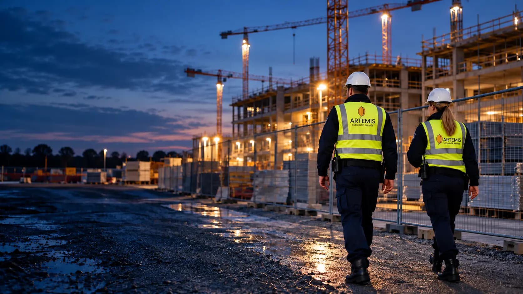 Deux professionnels équipés effectuent une ronde sur un chantier à la tombée du jour