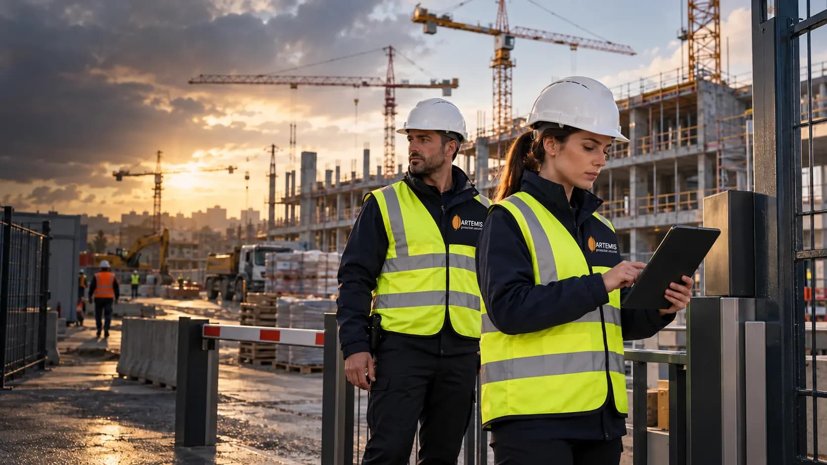 Une agente et un agent en tenue de chantier contrôlent un accès devant des bâtiments en construction