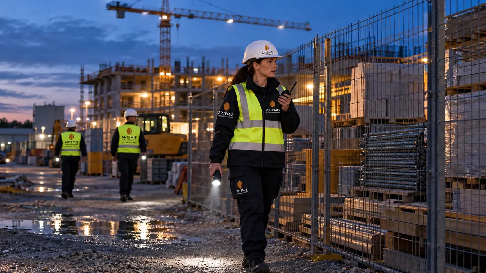 Une agente en équipement de chantier effectue une ronde près d’une zone de matériaux