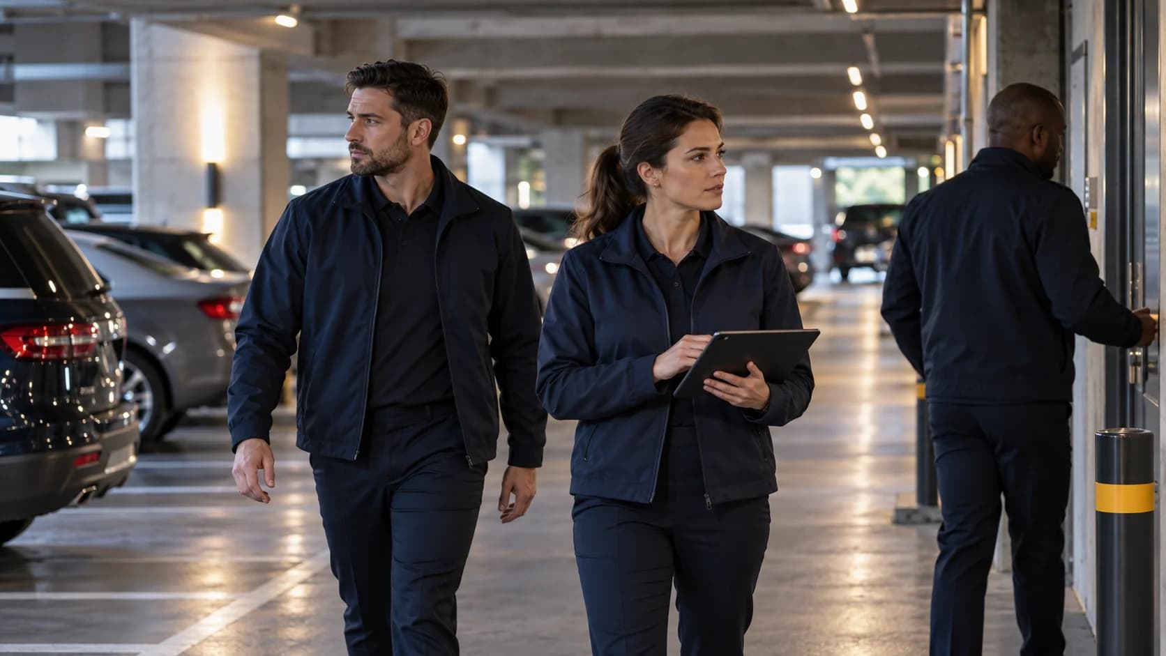 Une agente et un agent effectuent une ronde dans un parking souterrain