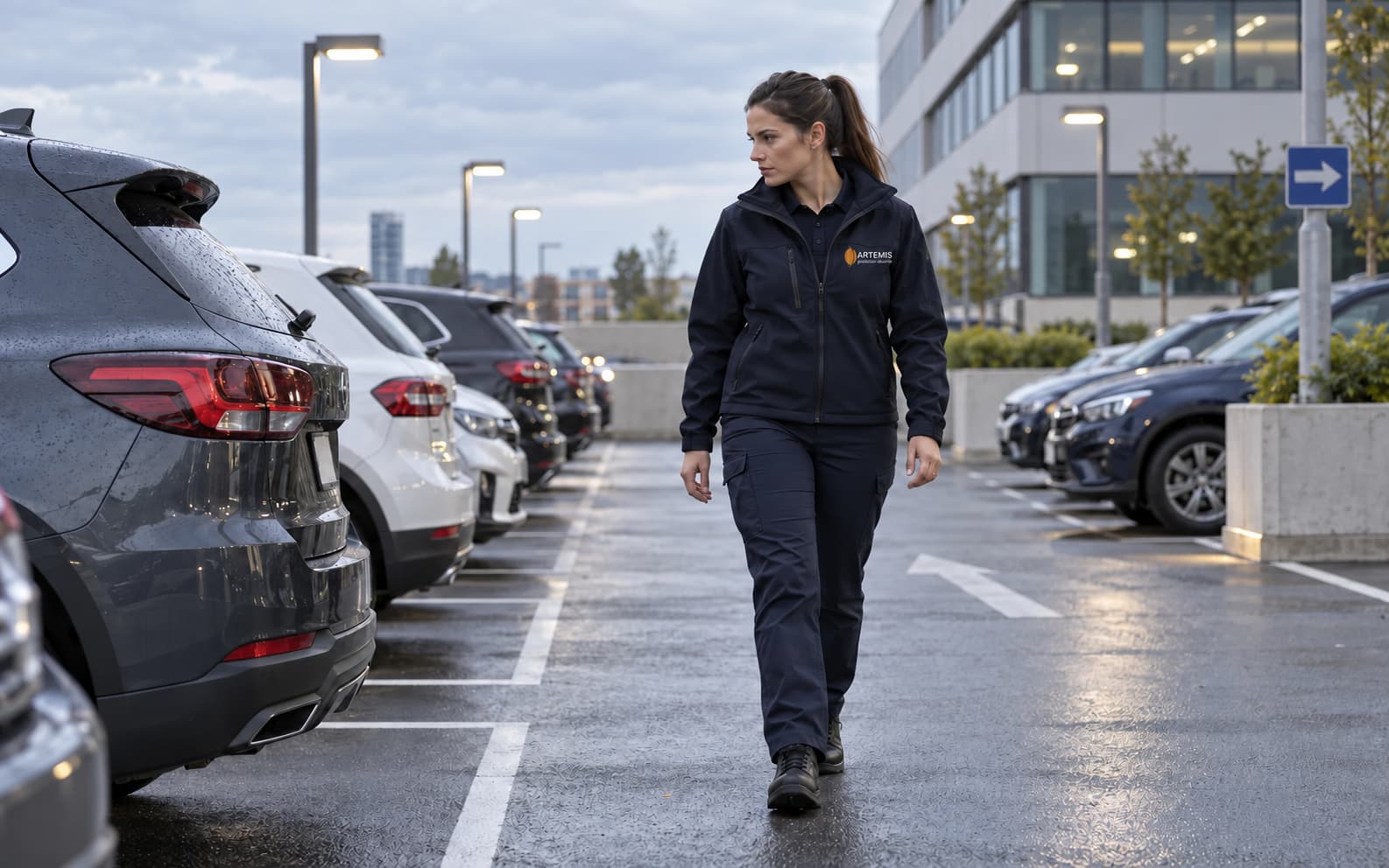 Une agente inspecte les véhicules et les circulations d’un parking extérieur