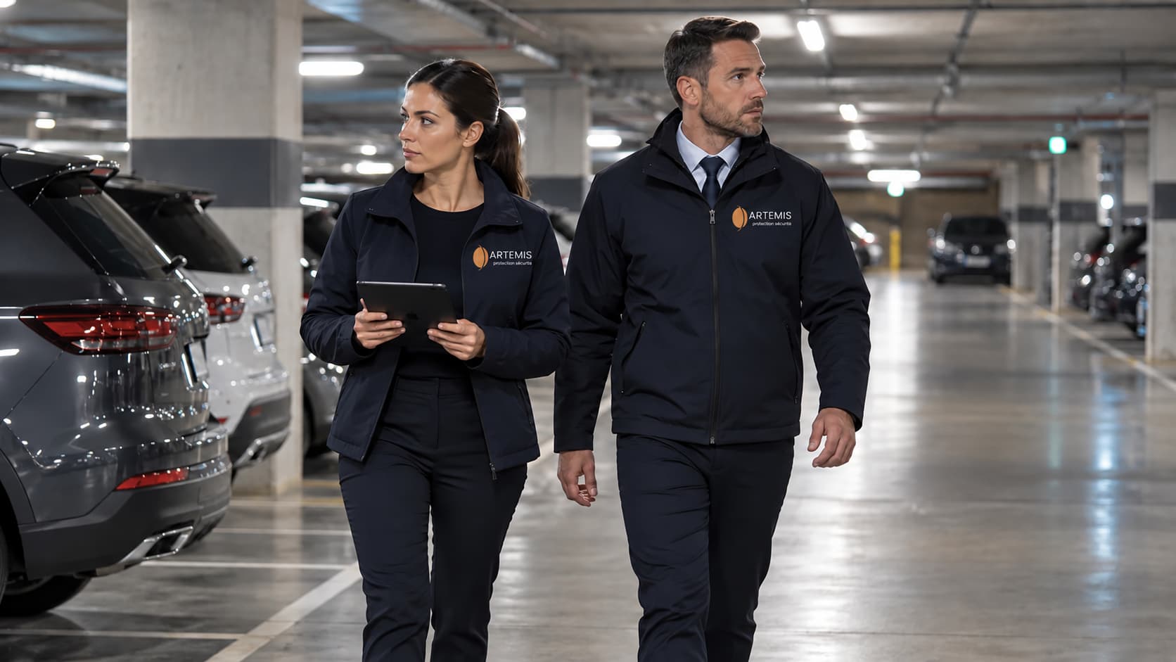 Une agente et un agent effectuent une ronde entre les véhicules d’un parking souterrain