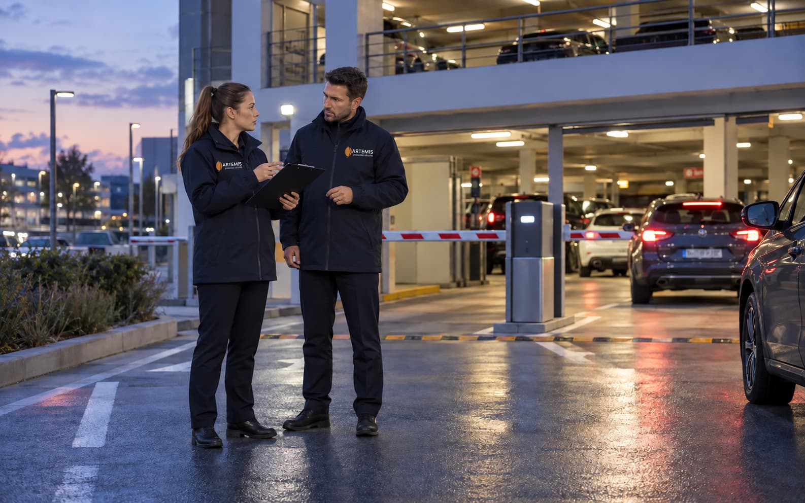 Deux agents échangent près de l’entrée d’un parking au moment de la fermeture