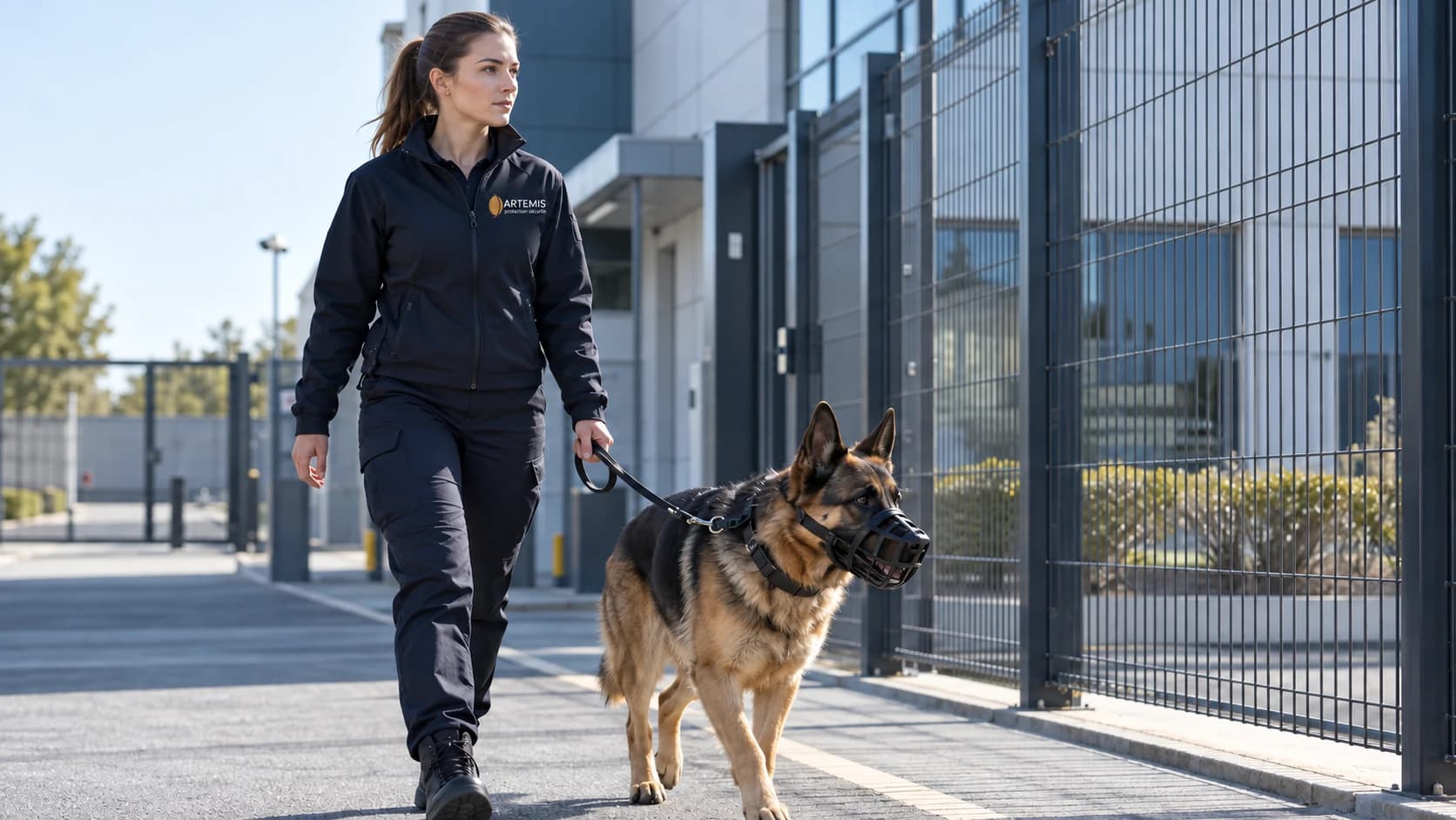 Une agente cynophile effectue une ronde avec un chien portant une muselière