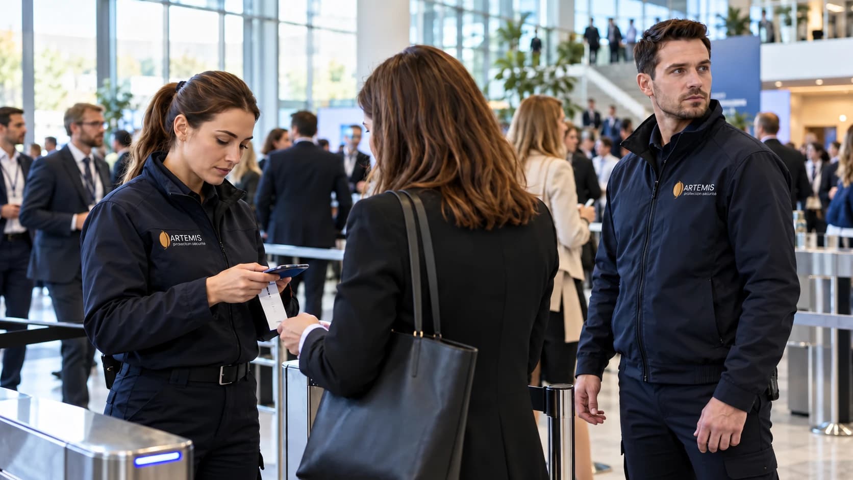 Une agente et un agent accueillent le public à l'entrée d'un événement
