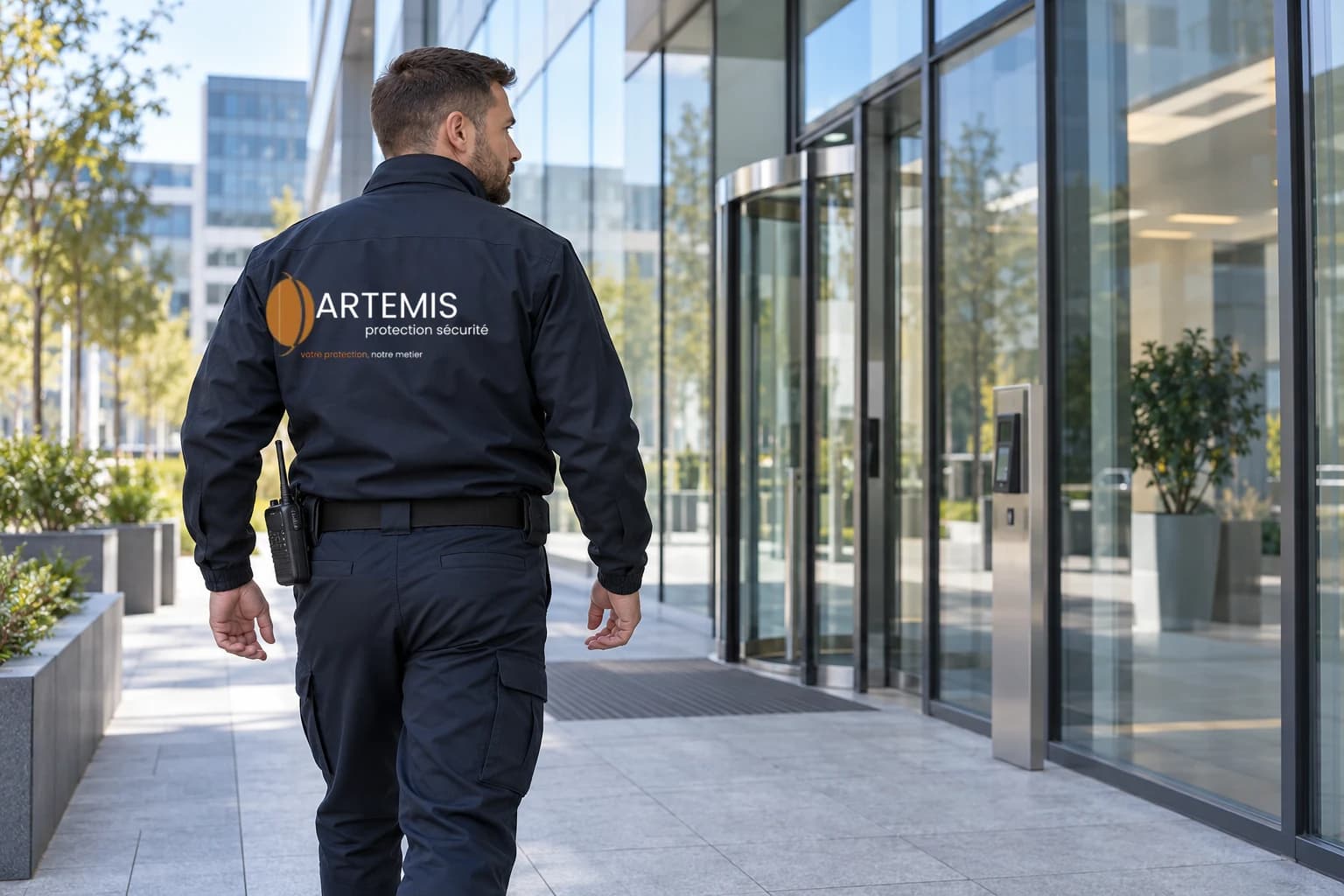 Agent Artemis en ronde devant l'entrée d'un bâtiment professionnel