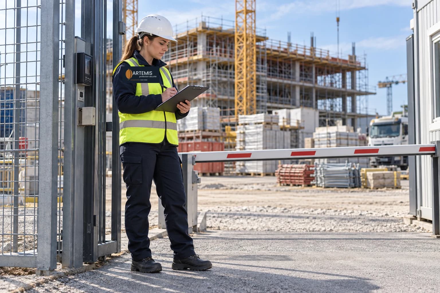 Agente Artemis contrôlant l'accès d'un chantier avec casque et gilet de sécurité