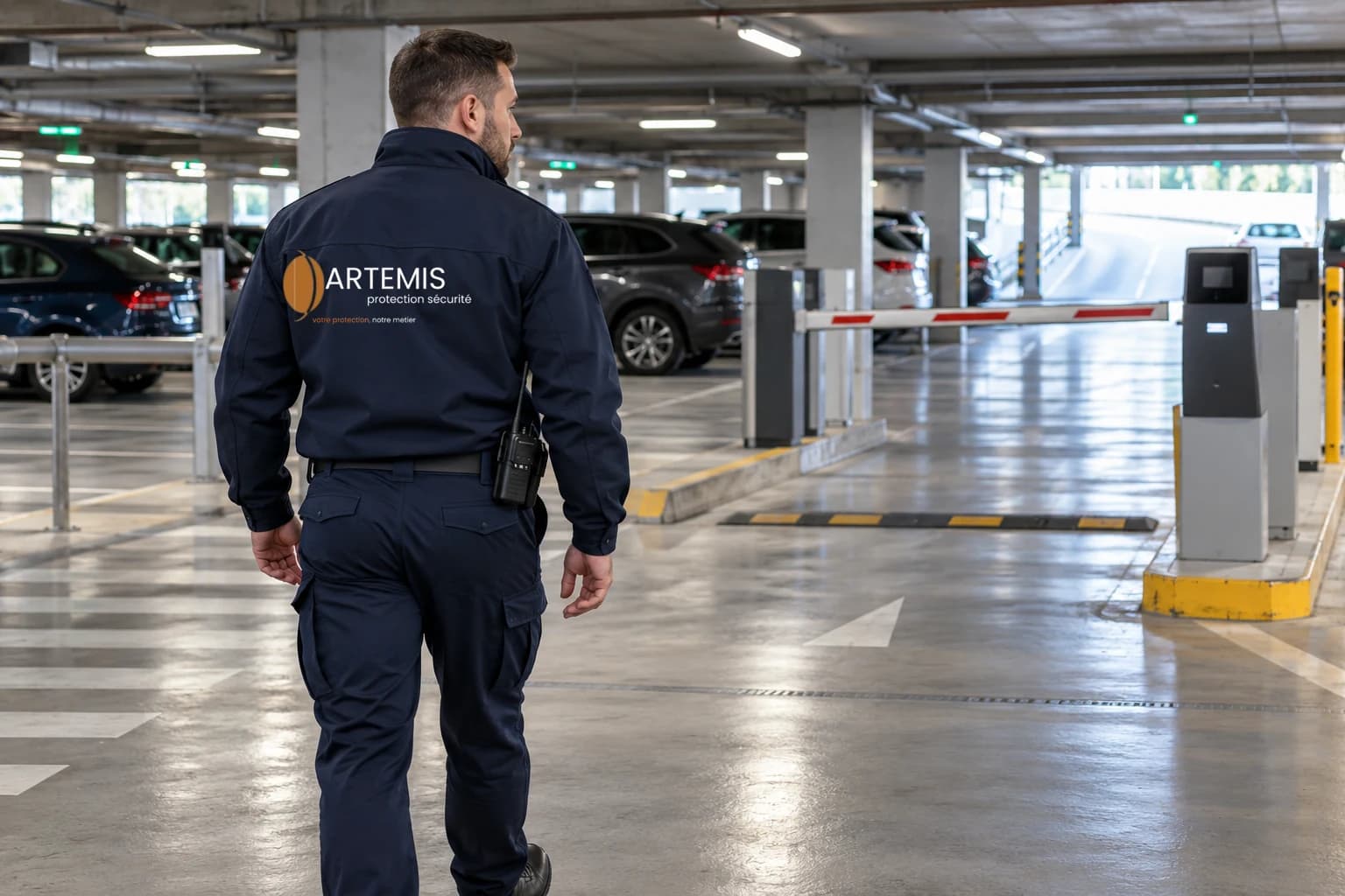 Agent Artemis effectuant une ronde dans un parking avec des véhicules